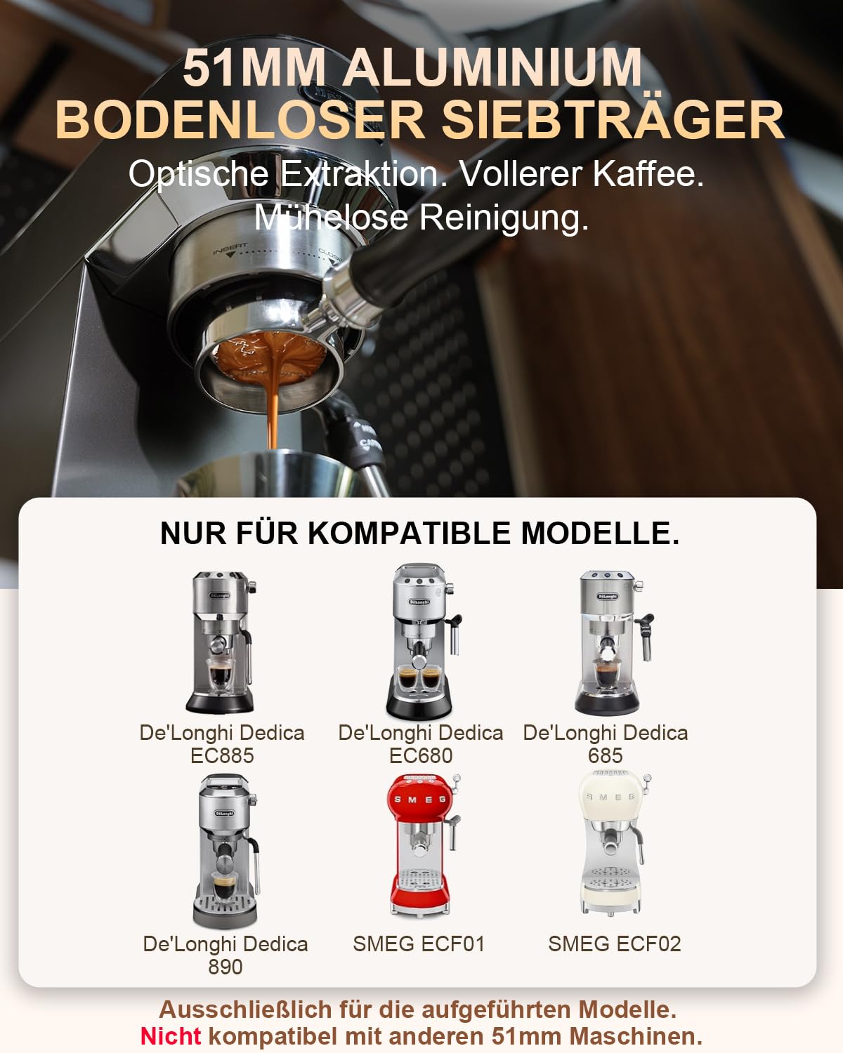 KOFIKOFI Porte-filtre sans fond de 51 mm, 3 oreilles, compatible avec DeLonghi Dedica EC680/EC685/EC885, Smeg, EUPA, porte-filtre en acier inoxydable avec tamis à puck, panier filtrant