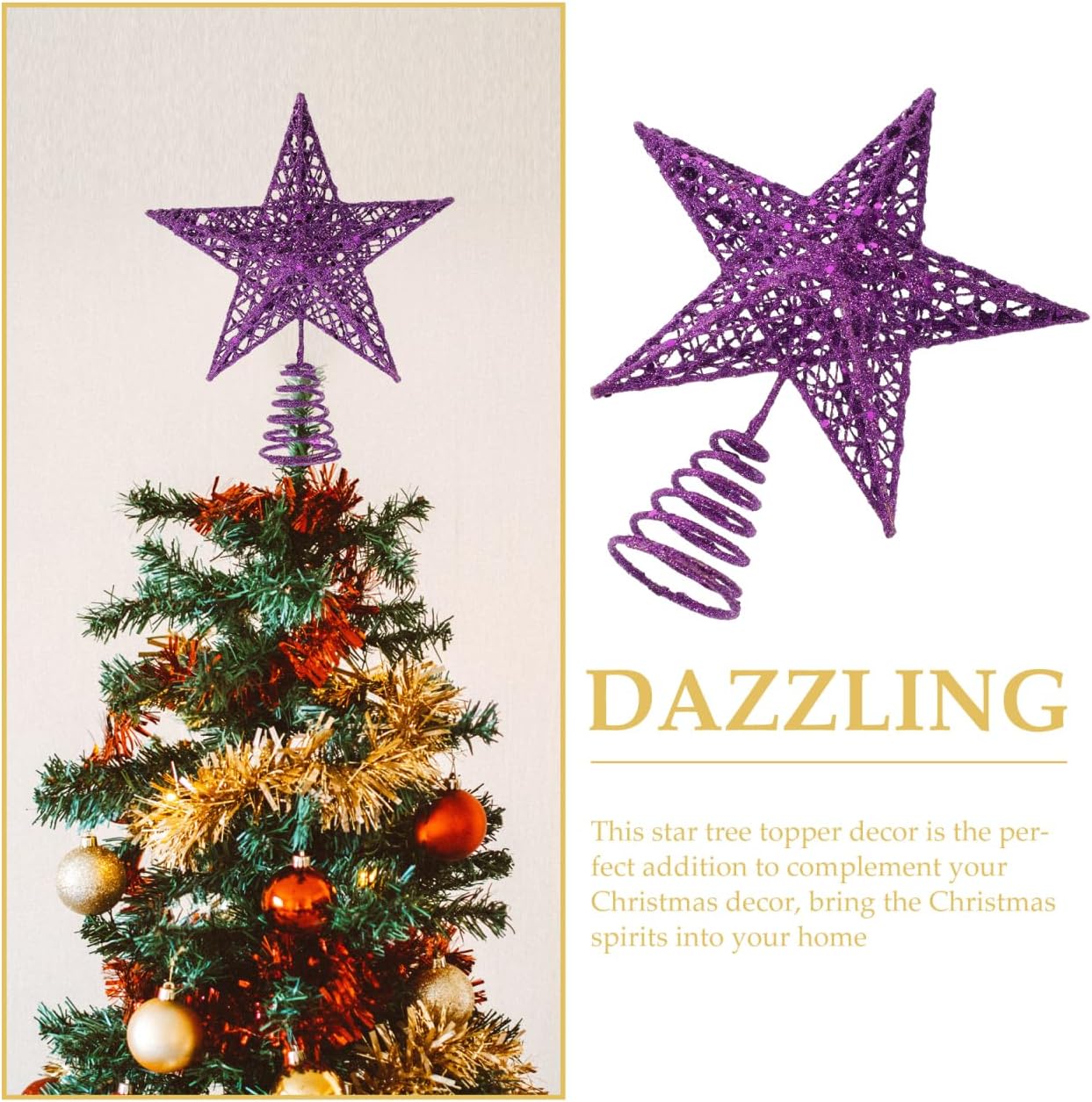 Amosfun Purple Christmas Tree Topper Star - 6.63 Inch Metal Glittered Treetop Decoration for Holiday and Party Seasonal D Cor