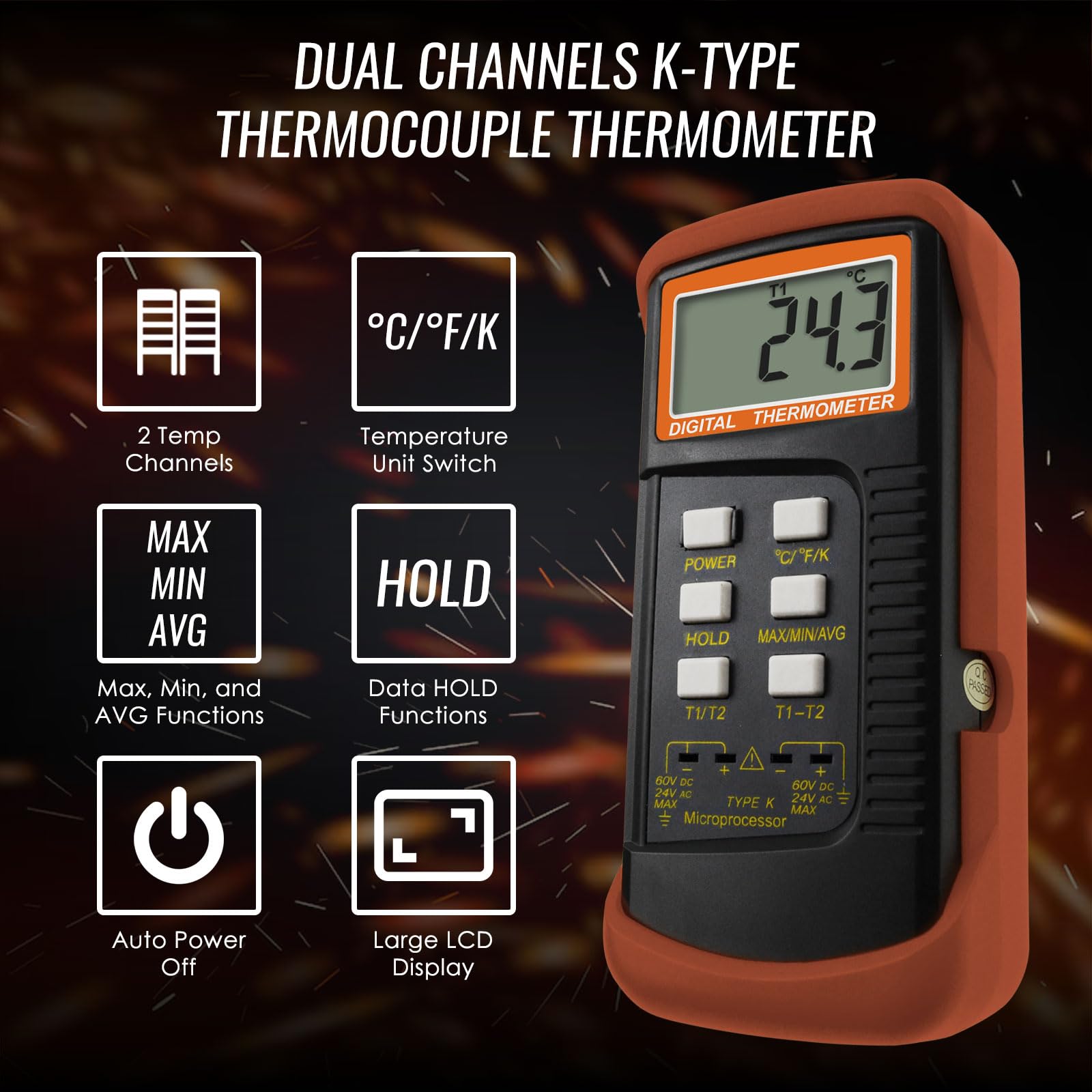 Termómetro digital de dos canales K (-50~1300 °C) Pinzas de temperatura y sondas cableadas, medidor de alta precisión Kelvin