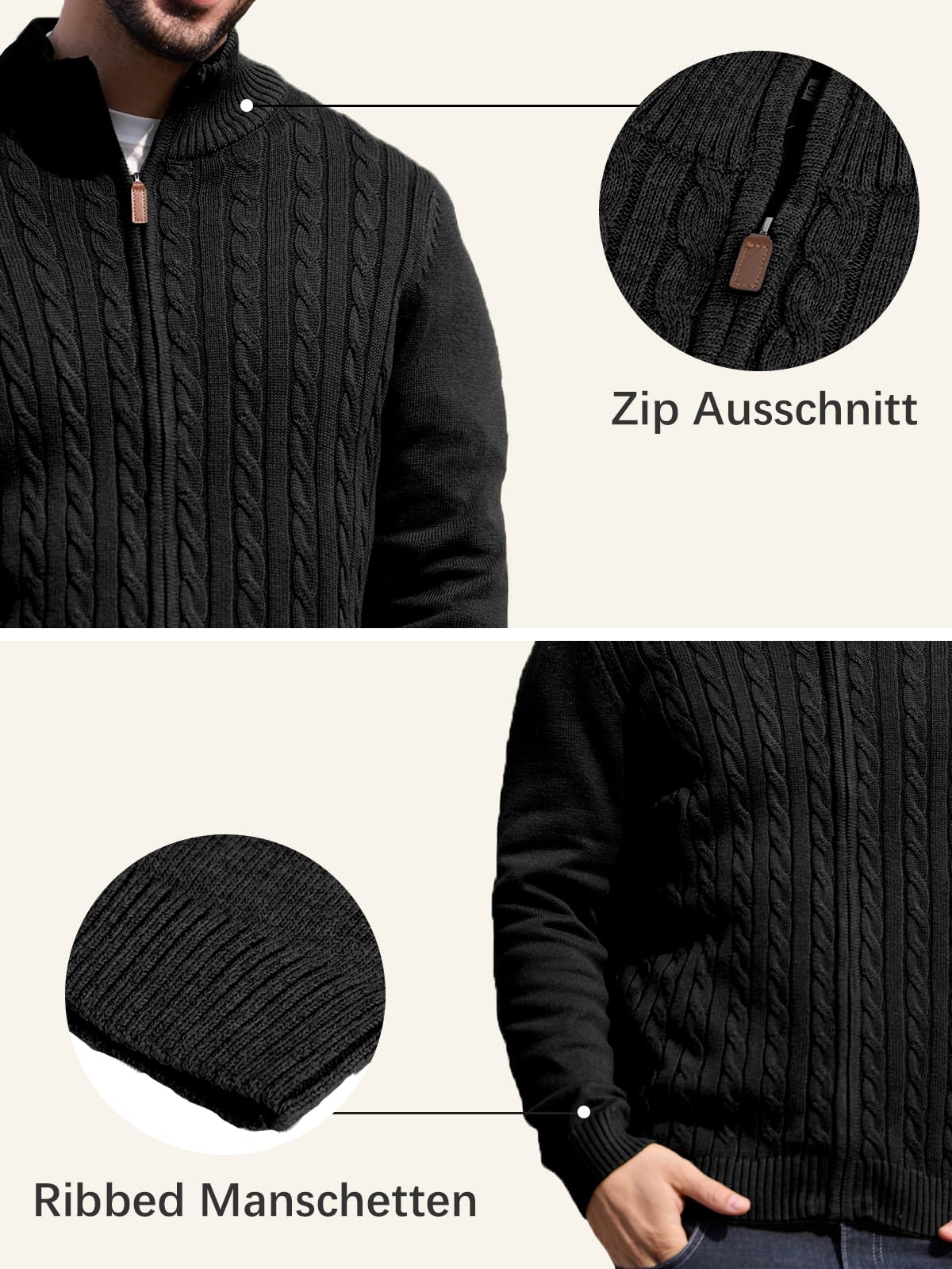 Les umes Cardigan da uomo, a collo alto, con chiusura lampo, a maniche lunghe, a maglia