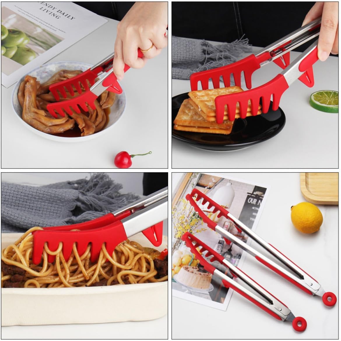 Multi Function Spaghetti Tongs with Silicone and Stainless Steel Red