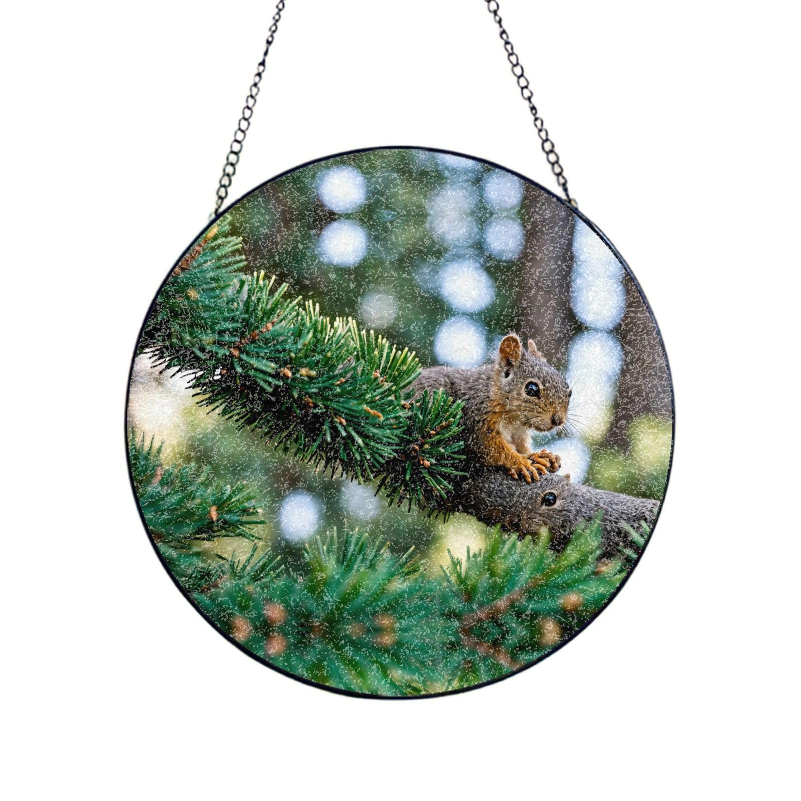 Poezjzw Stained Glass Window Hanging - Squirrel Picking Sun Catcher For Door Garden Home Decor Christmas Mother'S Day Birthday Gifts 6in（15cm）