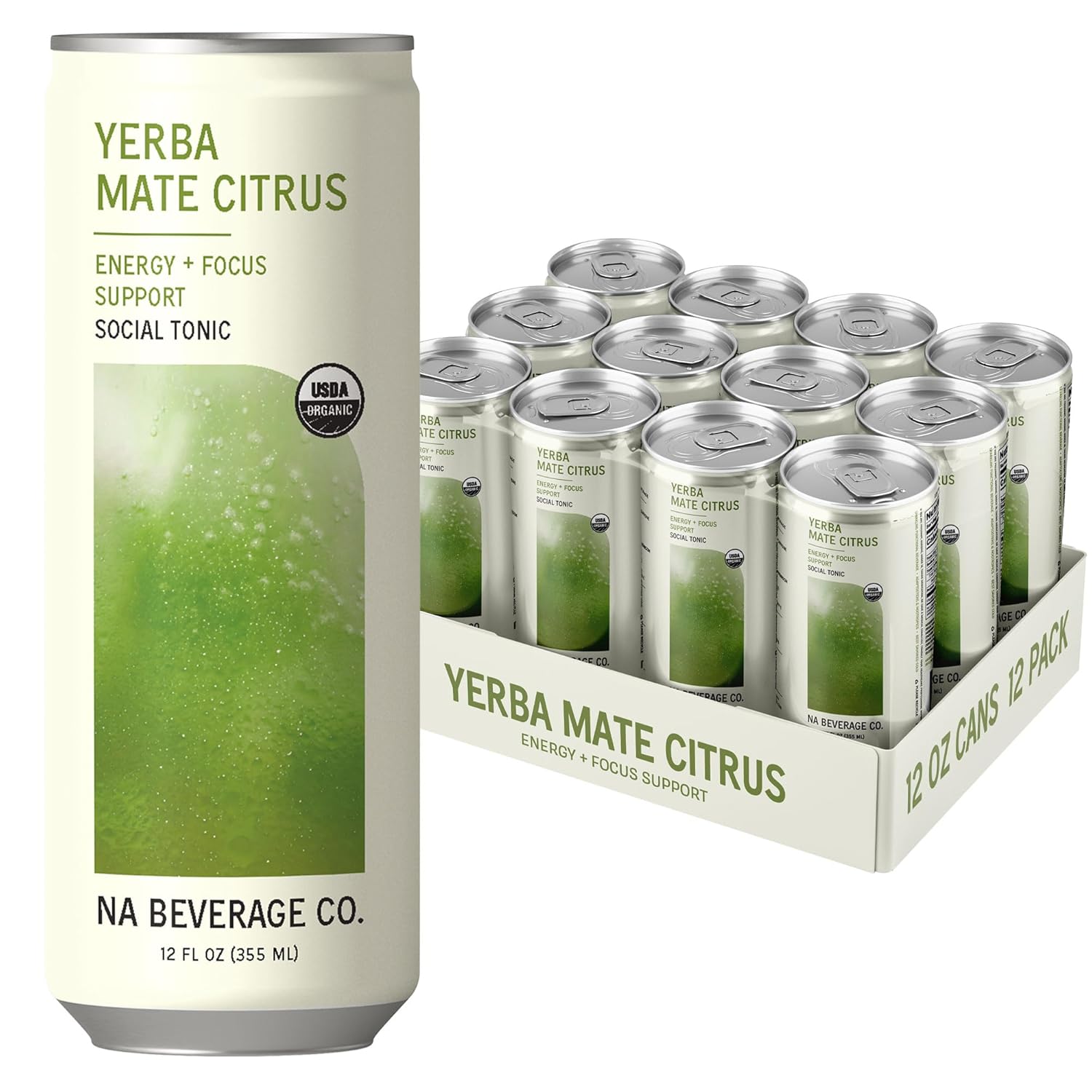 NA Beverage Social Tonic, Non-Alcoholic Functional Mocktails with 80mg of Green Tea Caffeine for Energy, L-Theanine for Focus & Lion's Mane Mushroom, Yerba Mate Citrus, 12oz Cans (12 Pack)
