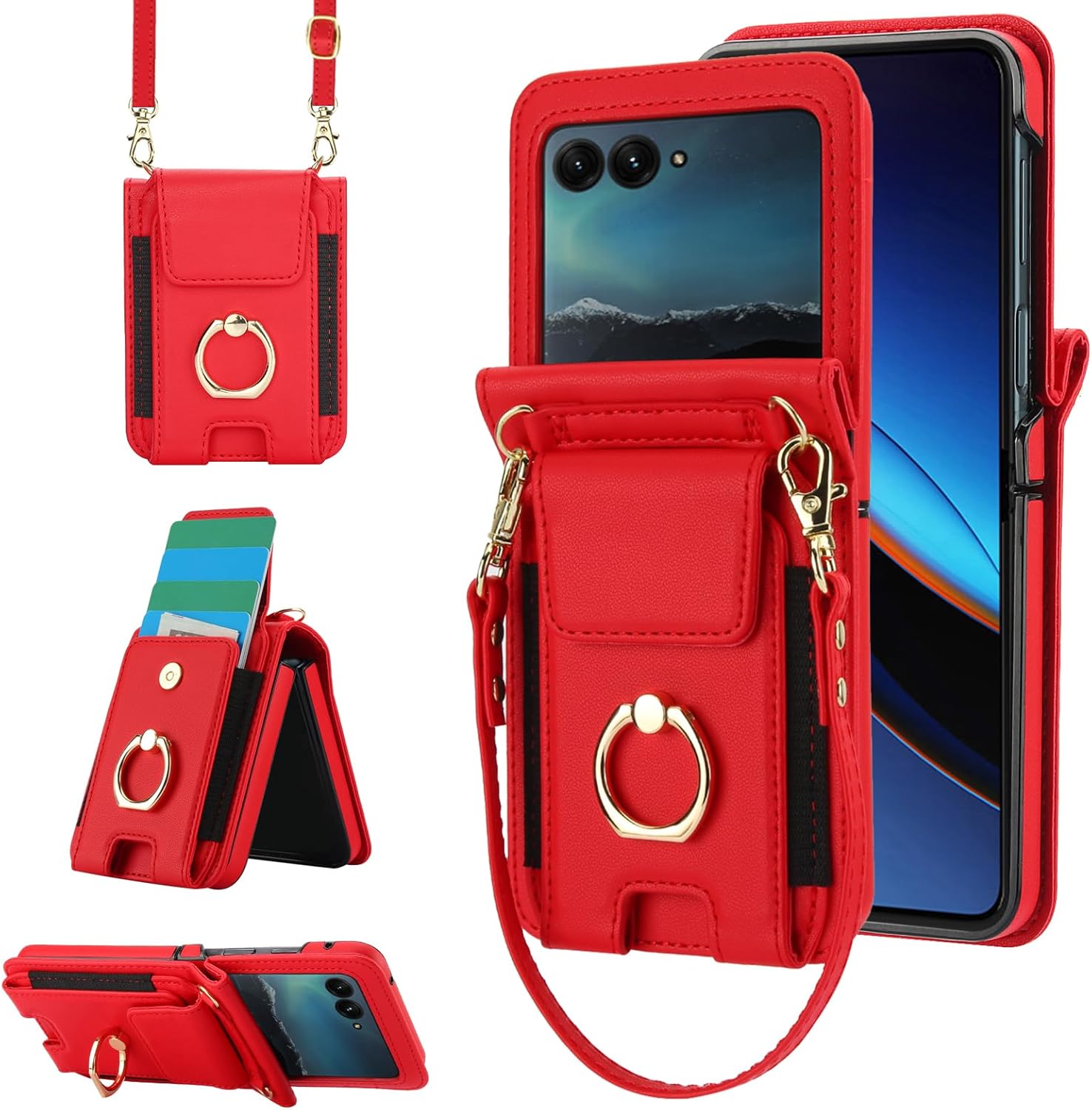 Asuwish Phone Case for Moto Razr 50/Moto Razr 2024 Wallet Cover with Ring and Crossbody Wrist Strap Lanyard Credit Card Holder Slot Stand Cell Leather Purse INE-LX1 Razor Razer Women Men Girls Red