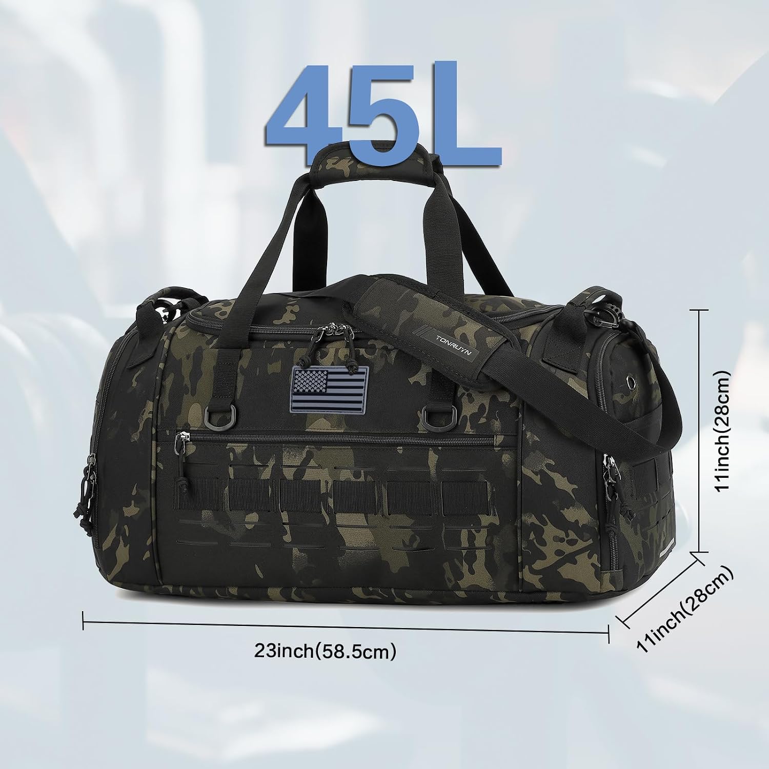 Tactical Gym Bag for Men 45L Military Sport Duffle Bag with Shoe & Laptop Compartment Travel Duffel Bag for Women Weekender Overnight Bags for Fitness Workout Basketball Football, Camo