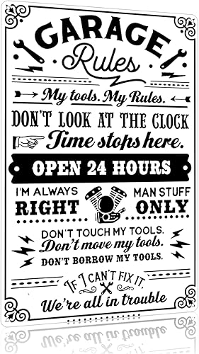 Miniatura 8 de Regalos para hombres, papá, marido, divertido, garage, reglas, mis herramientas, mis reglas, letrero de hojalata, arte de pared de metal vintage