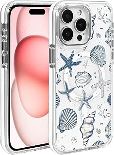 Compatible with iPhone 15 Pro Case for MagSafe, Clear White with Ocean Shells Design Drop Proof Rugged Magnetic Charge Shockproof for iPhone 15 Pro