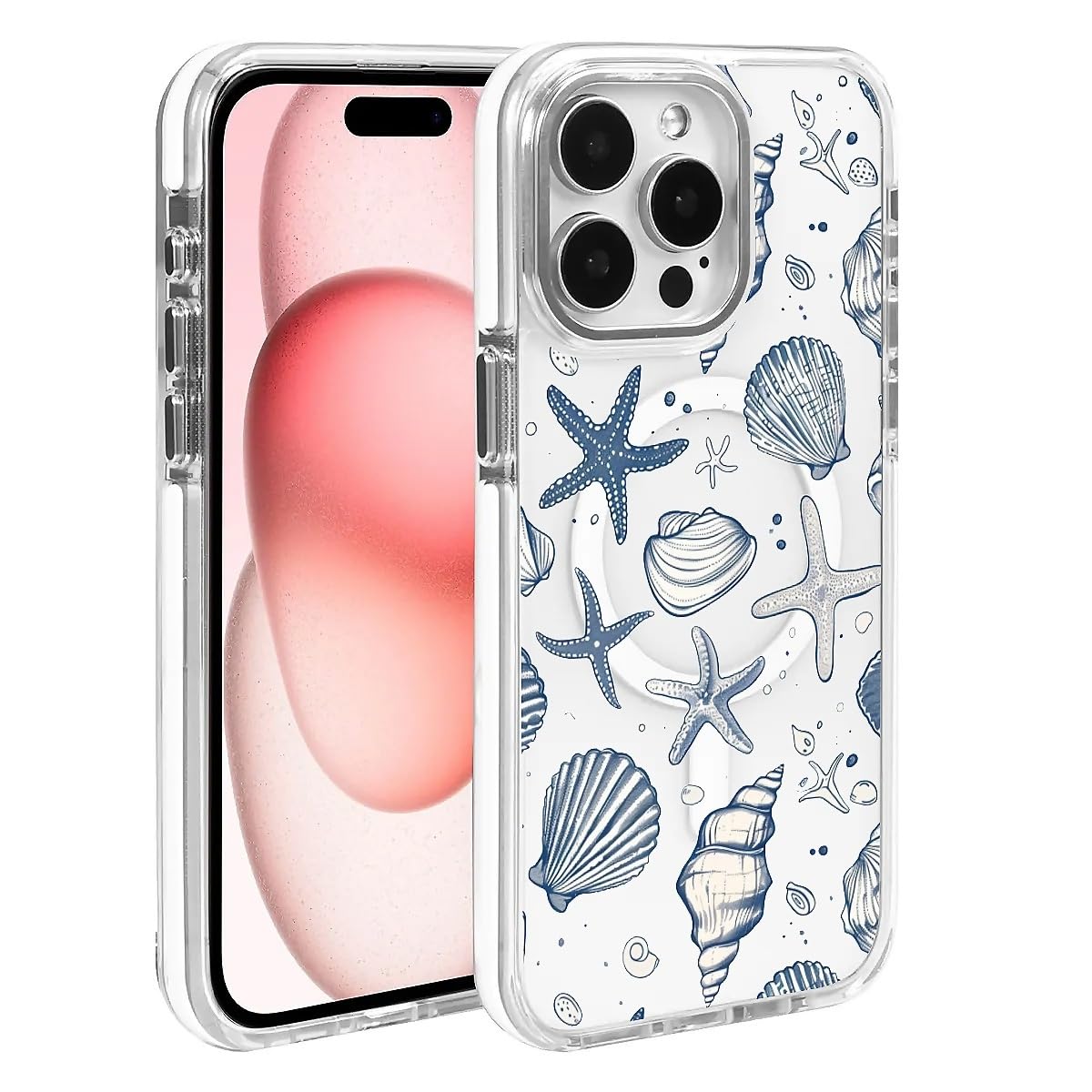 Punmada Compatible with iPhone 16 Pro Case for MagSafe, Clear White with Ocean Shells Design Drop Proof Rugged Magnetic Charge Shockproof for iPhone