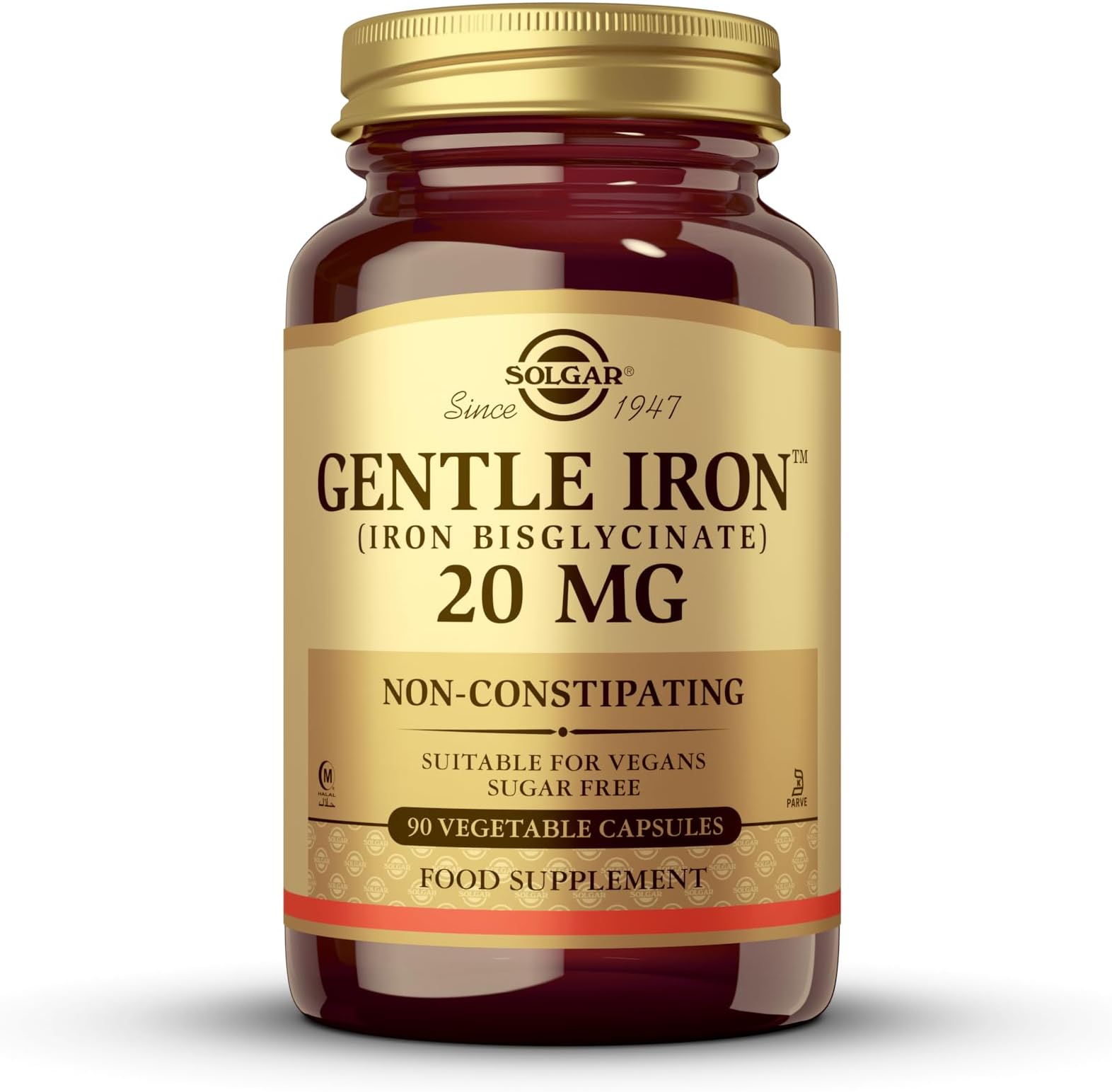 Gentle Iron (Iron Bisglycinate) 20 mg Vegetable Capsules - Pack of 180 - Reduces Constipating Effects - Gentle on The Stomach - Vegan and Gluten Free