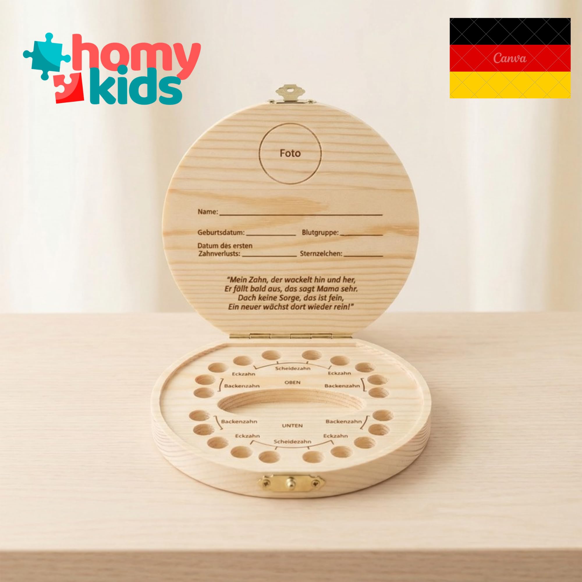 HOMYKIDS® Milchzahnbox für Jungen und Mädchen [DEUTSCH] – Zahnbox für Milchzähne - Zahndose aus Naturholz + [E-BOOK KOSTENLOSES] – Zahnfee Box (Deutsch - Zahnfee)