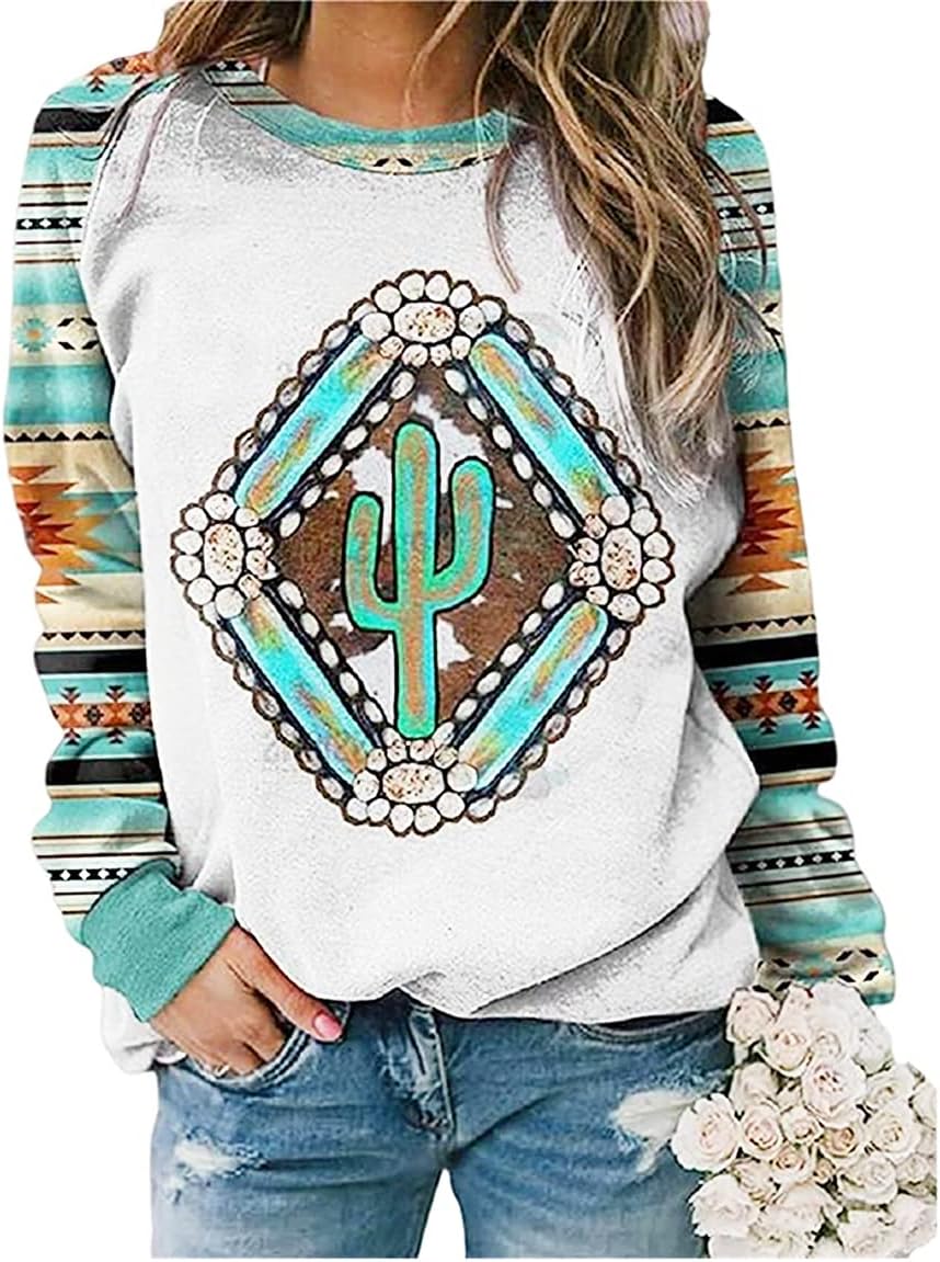 Womens Long Sleeve Shirts Western Aztec Print Fit Tops Fall Casual Fashion Round Neck Blouses