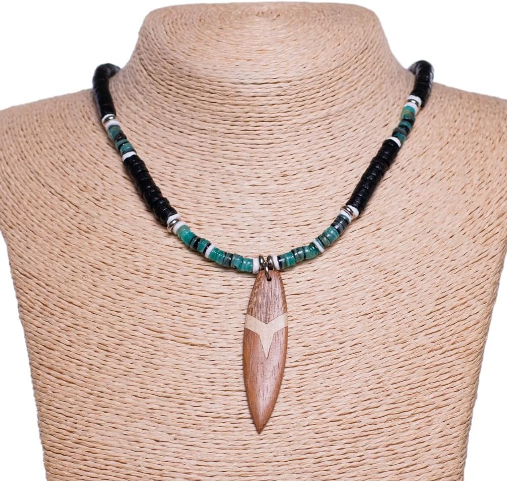 BlueRica Wood Surfboard on Black Coconut Beads & Green Heishi Shells Necklace - Image 3
