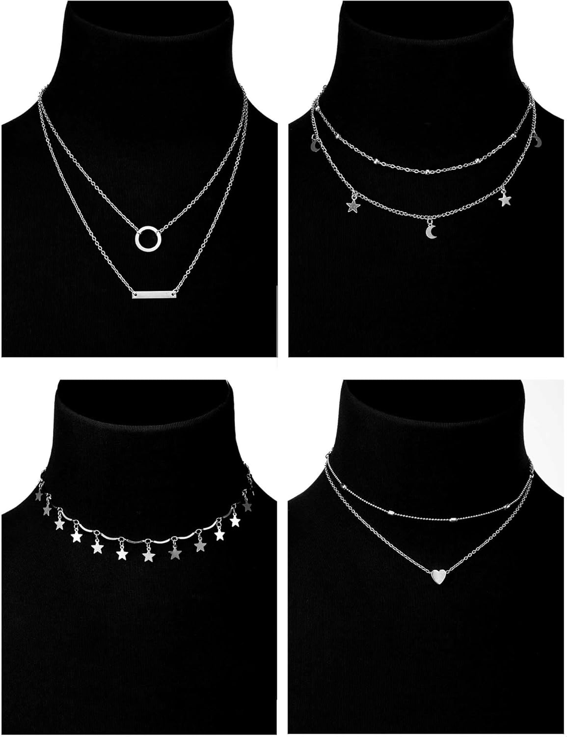 BBTO 9 Pieces Women Girls Sliver Layered Chain Choker Necklace Layered Pendant Choker Jewelry Set - Image 2