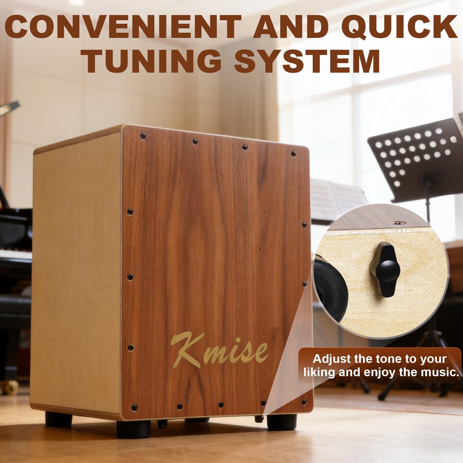 Kmise Tragbare Cajon-Schlagzeugbox, 30 x 31 x 37 cm, verstellbare Snare-Cajon-Trommeln, massives Akazien- und Birkenholz, Percussion-Instrument Geschenk für Erwachsene und Kinder, mit Tragetasche, für
