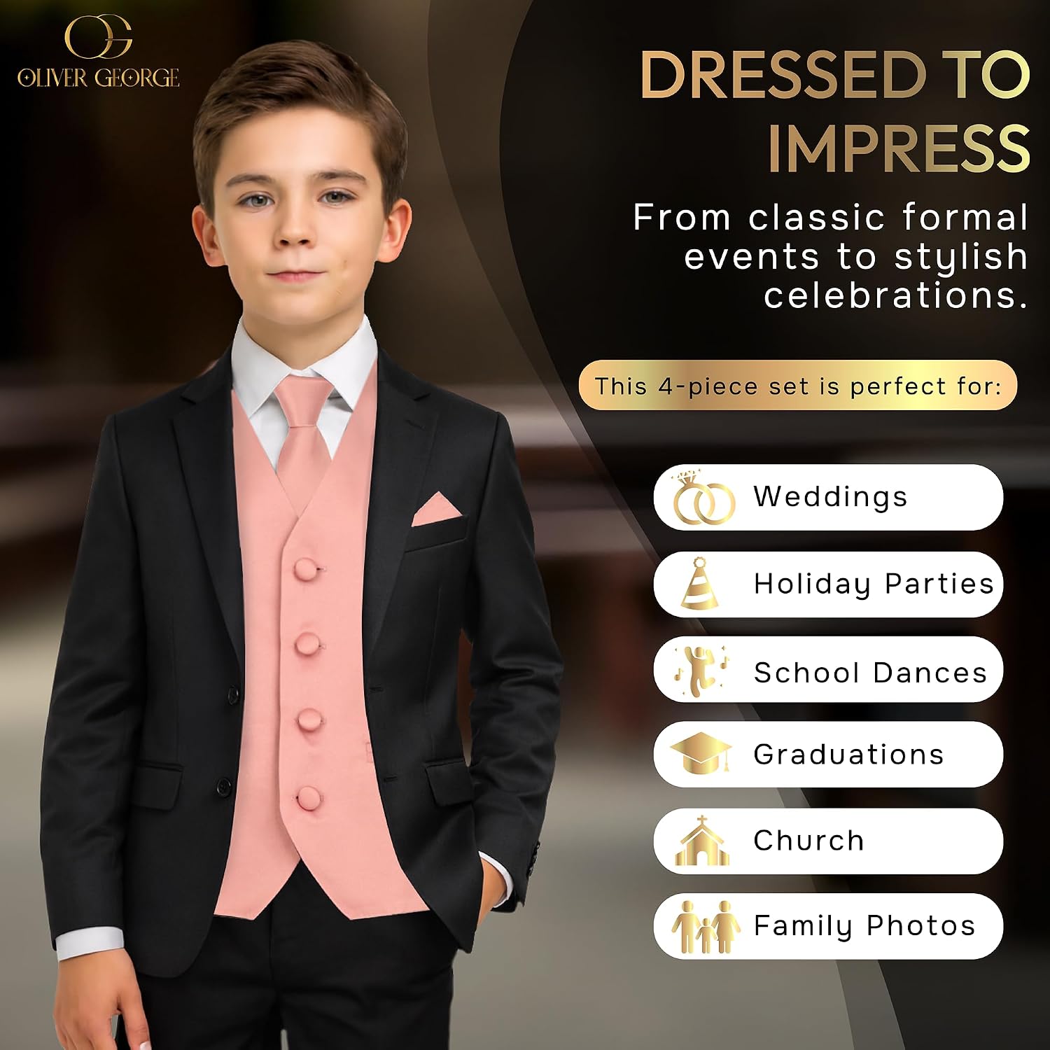Oliver George Boy's 4-Piece Solid Formal Suit Vest Set, Zipper Tie, Clip-On Bow Tie & Pocket Square Kids Vest Set