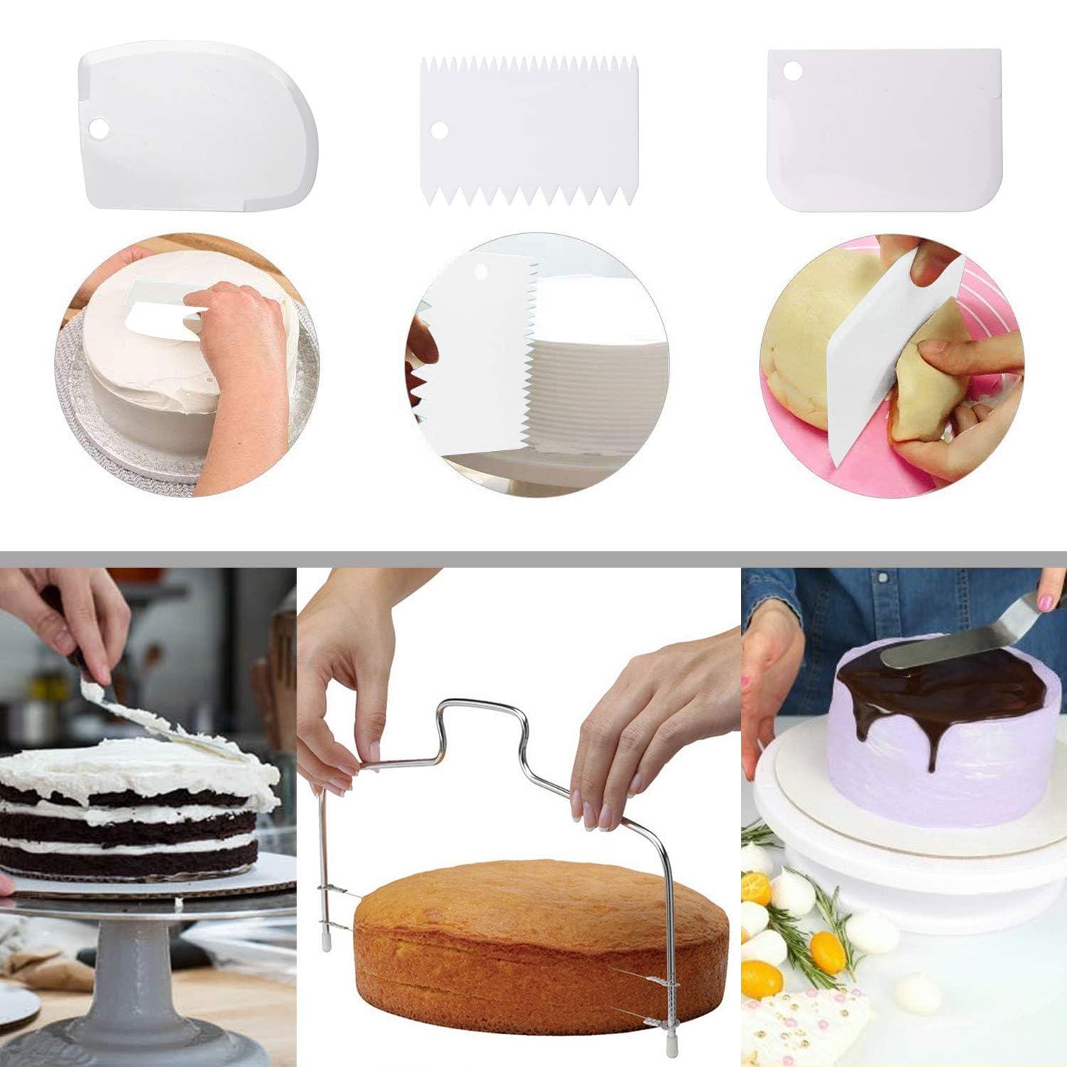 Tocadiscos para decoración de tartas, suministros de decoración de pasteles con peine de decoración/glaseado suave (3 piezas), 2 espátulas de glaseado con lados y ángulo