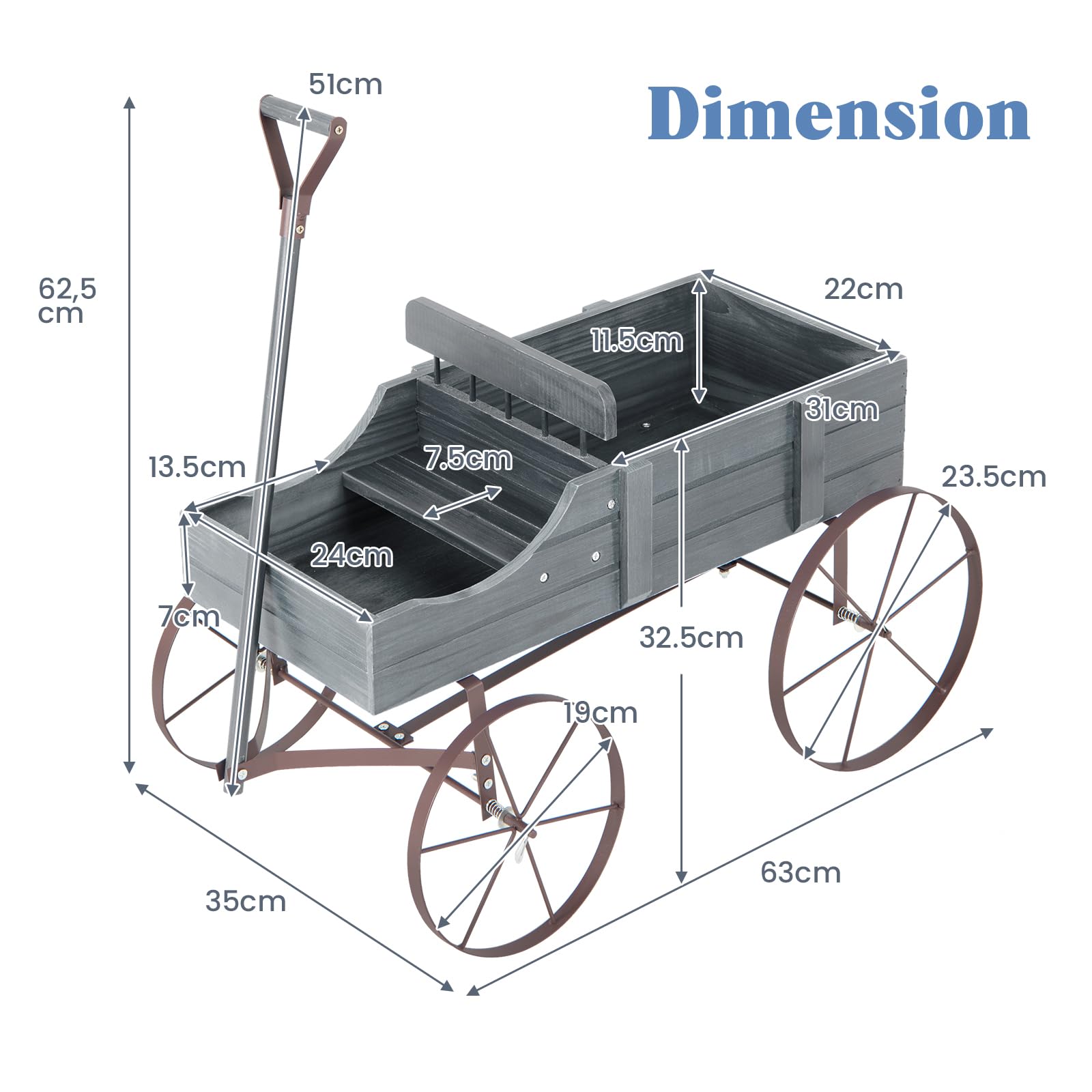 HOMASIS Brouette en Bois pour Plantes, Chariot de Jardin avec Roues en Métal et 2 Compartiments, Jardinière en Forme de Monocycle Décoratif pour Jardin, Terrasse, Patio, 63 x 35 x 62,5 cm (Gris)