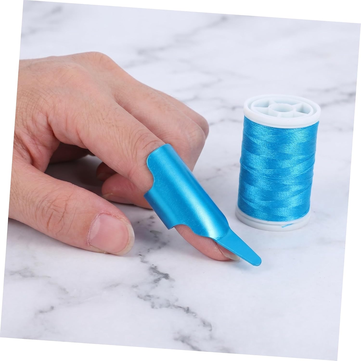 Gadpiparty 6pcs Blue Sewing Thimble Finger Protectors for Hand Quilting and Embroidery DIY Craft with Metal Thumb Pusher Tool for Sewing Supplies
