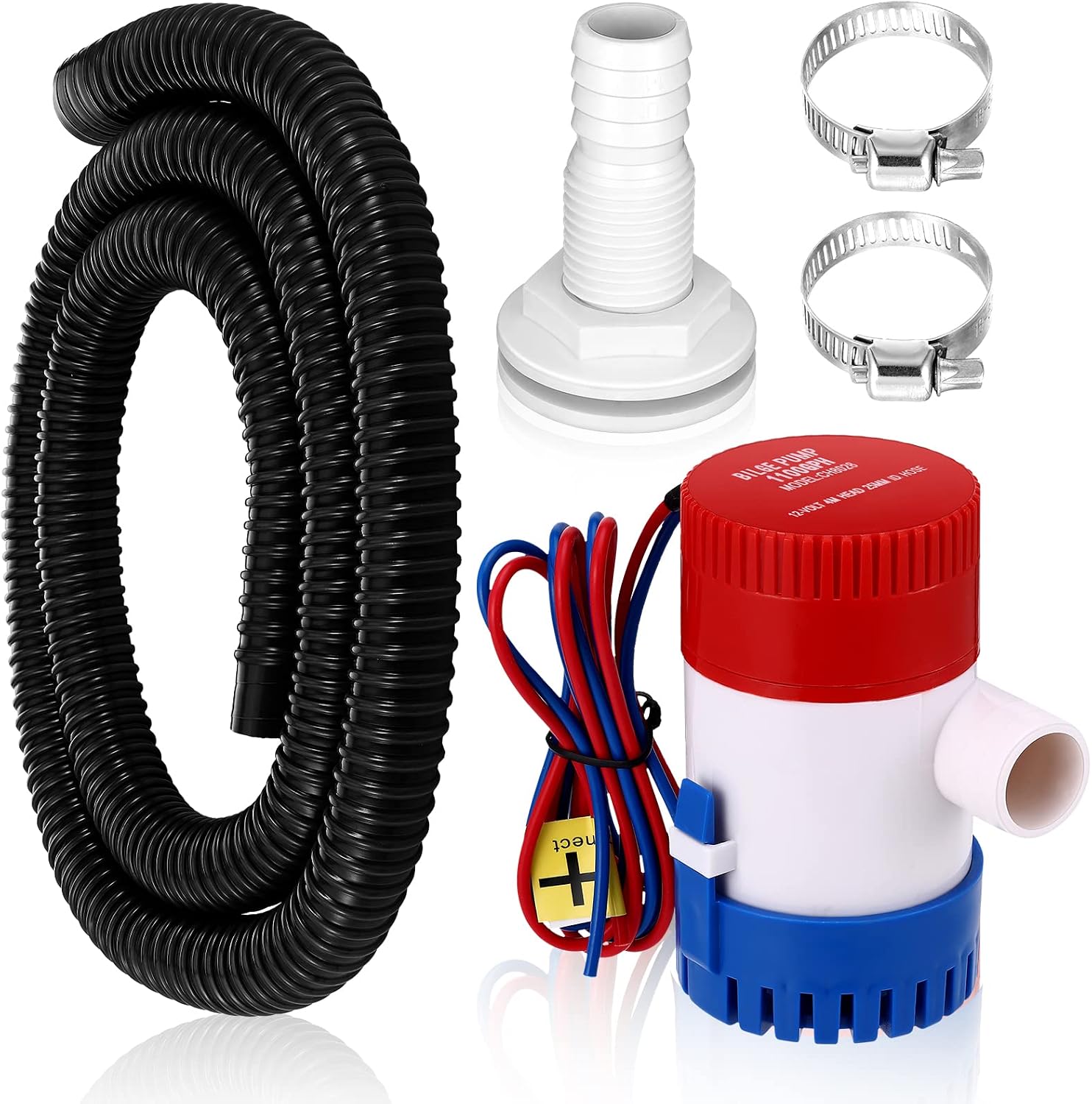 Lounsweer 1-1/8 Inch Boat Bilge Pump Plumbing Kit 12v 1100gph Electric Boat Bilge Water Pump 6 ft Kink-free Flexible PVC Hose 2 Pcs Hose Clamps Thruhull Fitting for Marine Ponds Pools (Black)