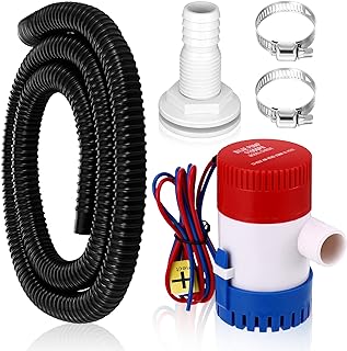 Lounsweer 5 Pcs Bilge Pump Plumbing Kit Including Electric 12v Boat Bilge Water Pump PVC 2 Hose Clamps ThruHull Fitting, 1-1/8-inch(1100gph,Black)
