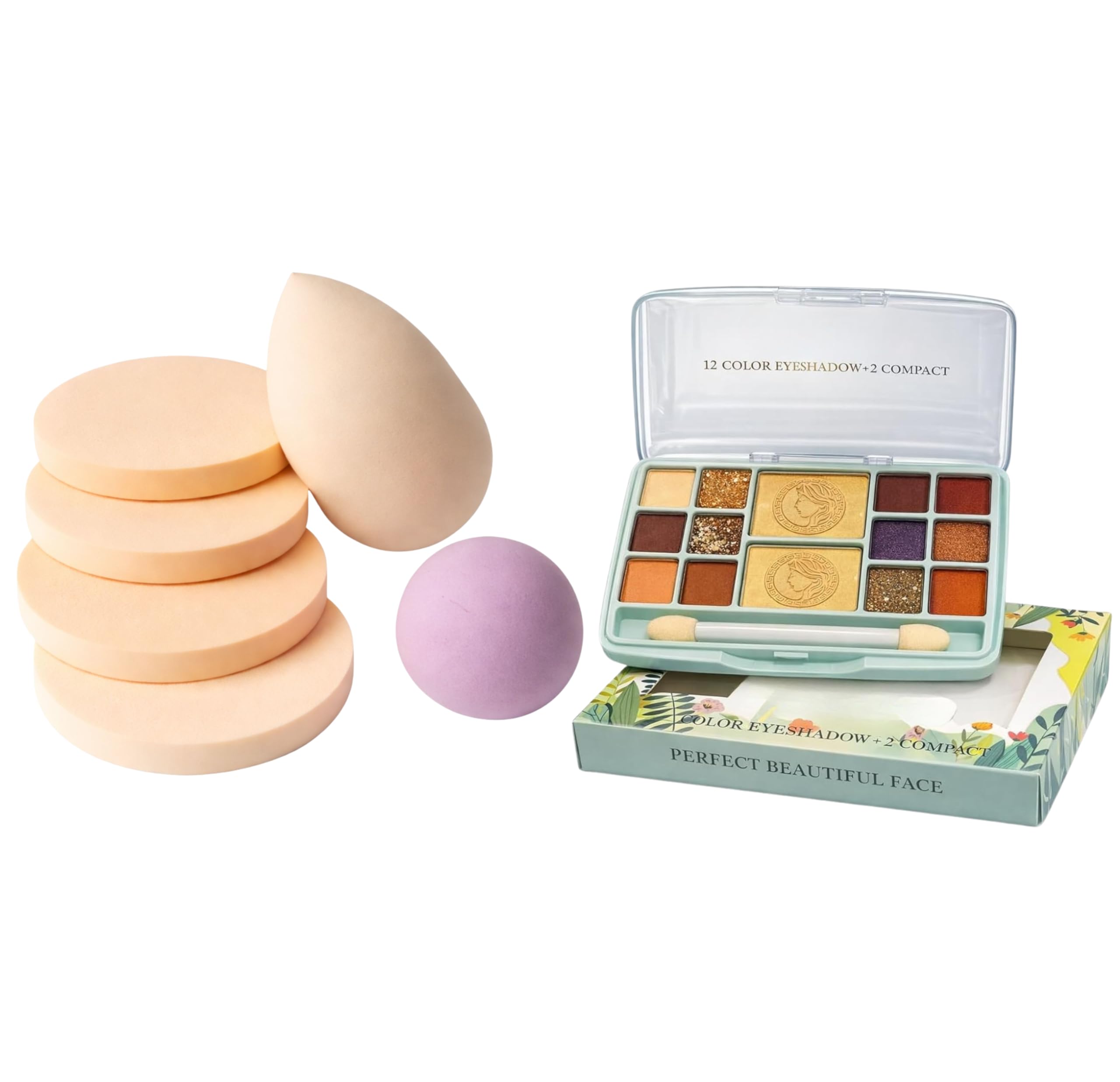 2-in-1 Face & Eye Makeup Multi-Palette Combo Kit for Women | Includes 12-Color Eyeshadow & 2 Matte Compact Powders with 6-Pack Makeup Sponge Puff & Foundation Blender Set | Full Cosmetic Gift Pack-image-20