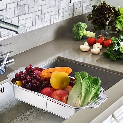 Miniatura 4 de uxcell Colador extensible sobre el fregadero, cesta de lavado de frutas y verduras colador ajustable para cocina de acero inoxidable plateado