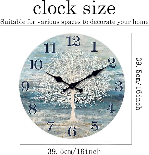 Miniatura 2 de XFM Reloj de pared con diseño de árbol de la vida, silencioso, sin tictac, funciona con pilas, 16 pulgadas, pequeño, retro, decorativo, azul,