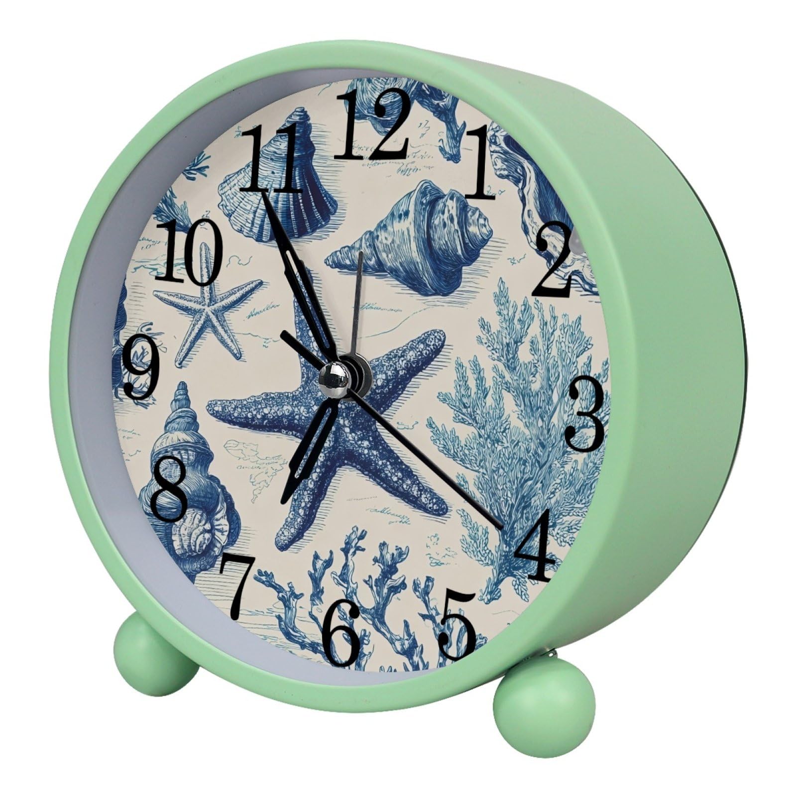 etoenbrc Starfish Shells Silent Analog Alarm Clock Round Battery Operated Bedside Alarm Clock Plastic Table Clock for Living Room Bedroom