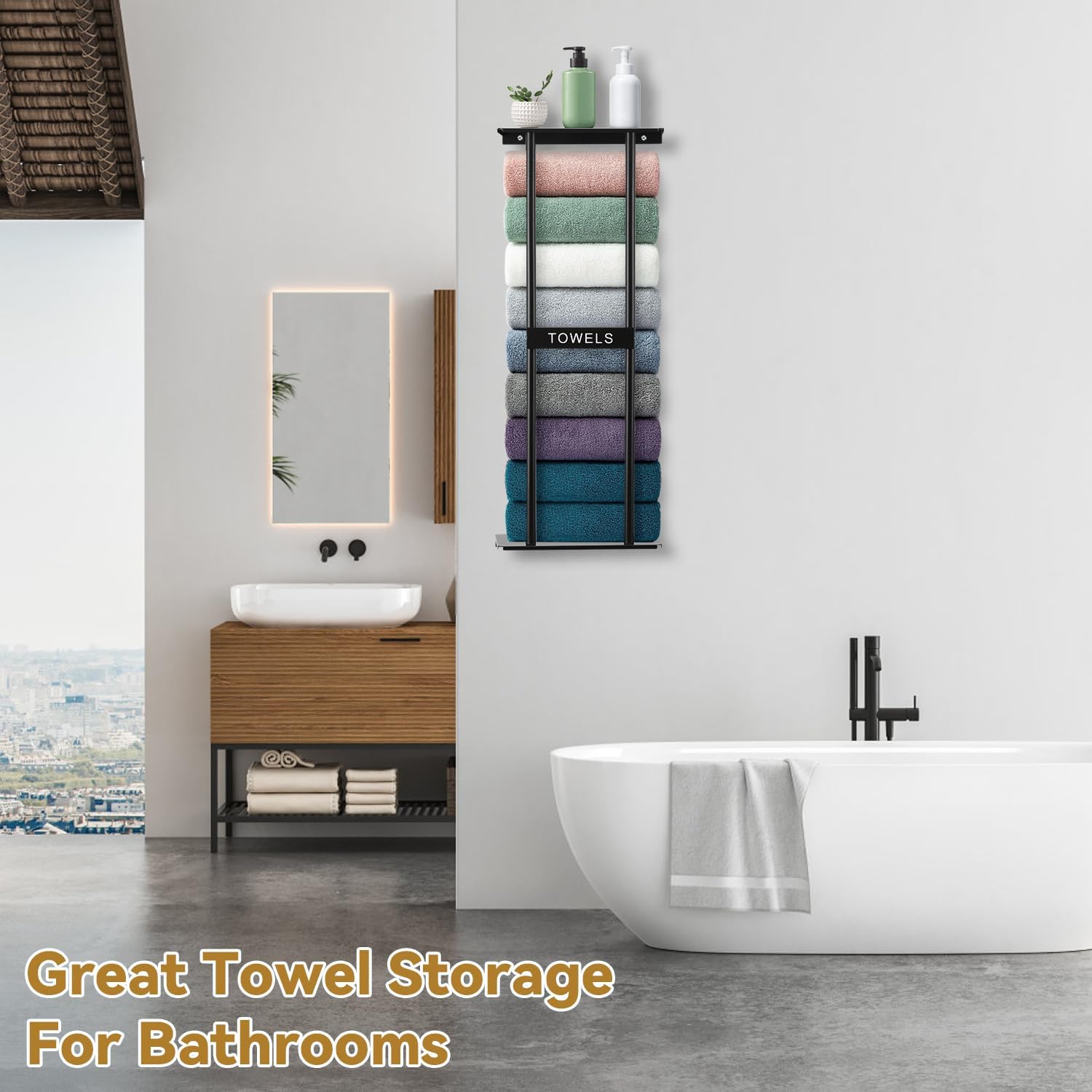 Vertical Towel Rack Wall Mounted - Metal Rolled Towel Holder, 31 Inch Black Space Saving Bathroom Storage Shelf for Shower, Toilet & RV (Black)