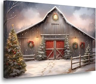 Framed Canvas Wall Art Christmas Tree Farm Wall Art Winter Barn Print Snowy Barn Painting Rustic Farm Picture Farmhouse Winter Print 28x40in Wood Framed