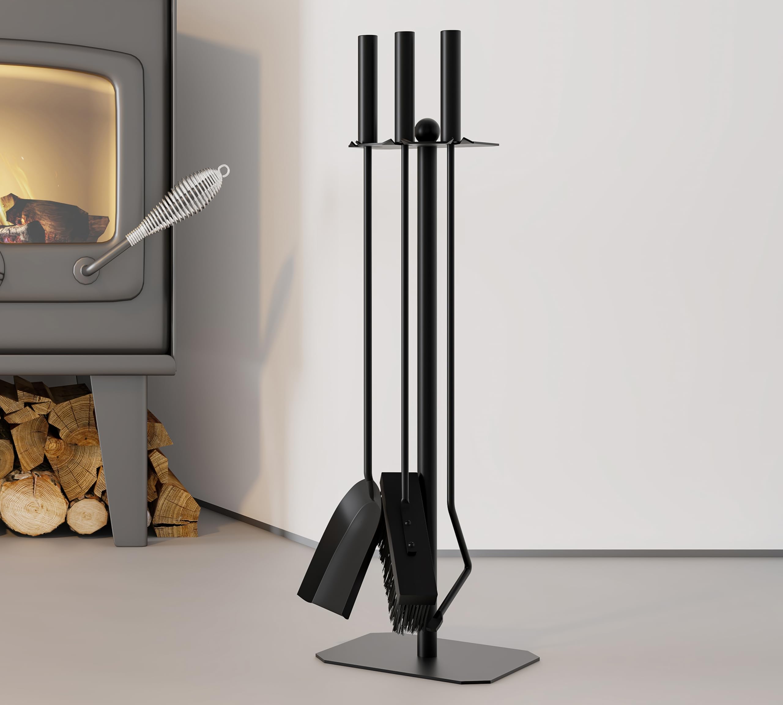 Juego de accesorios para chimenea Kingson – Juego de 3 piezas con cepillo, atizador y pala – Acero recubierto de polvo negro con detalle decorativo de bola – 57,5 cm