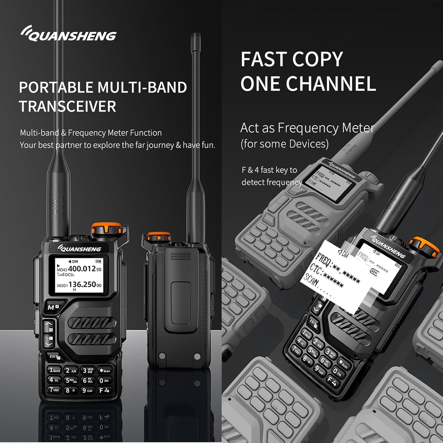 Quansheng UV K5 radio demonstrating fast copy one channel and frequency meter functions