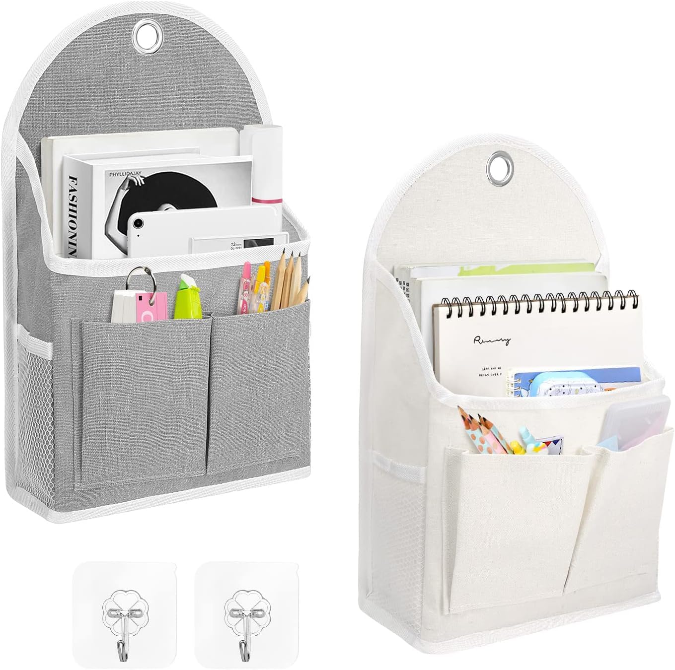 Azonee Wall Hanging Organizer Bag, Waterproof Fabric Organizer Basket with Pockets, for Bathroom Bedroom Kitchen Dorm Room Essentials Rv Storage and Organization, 2 Pcs, Gray and White