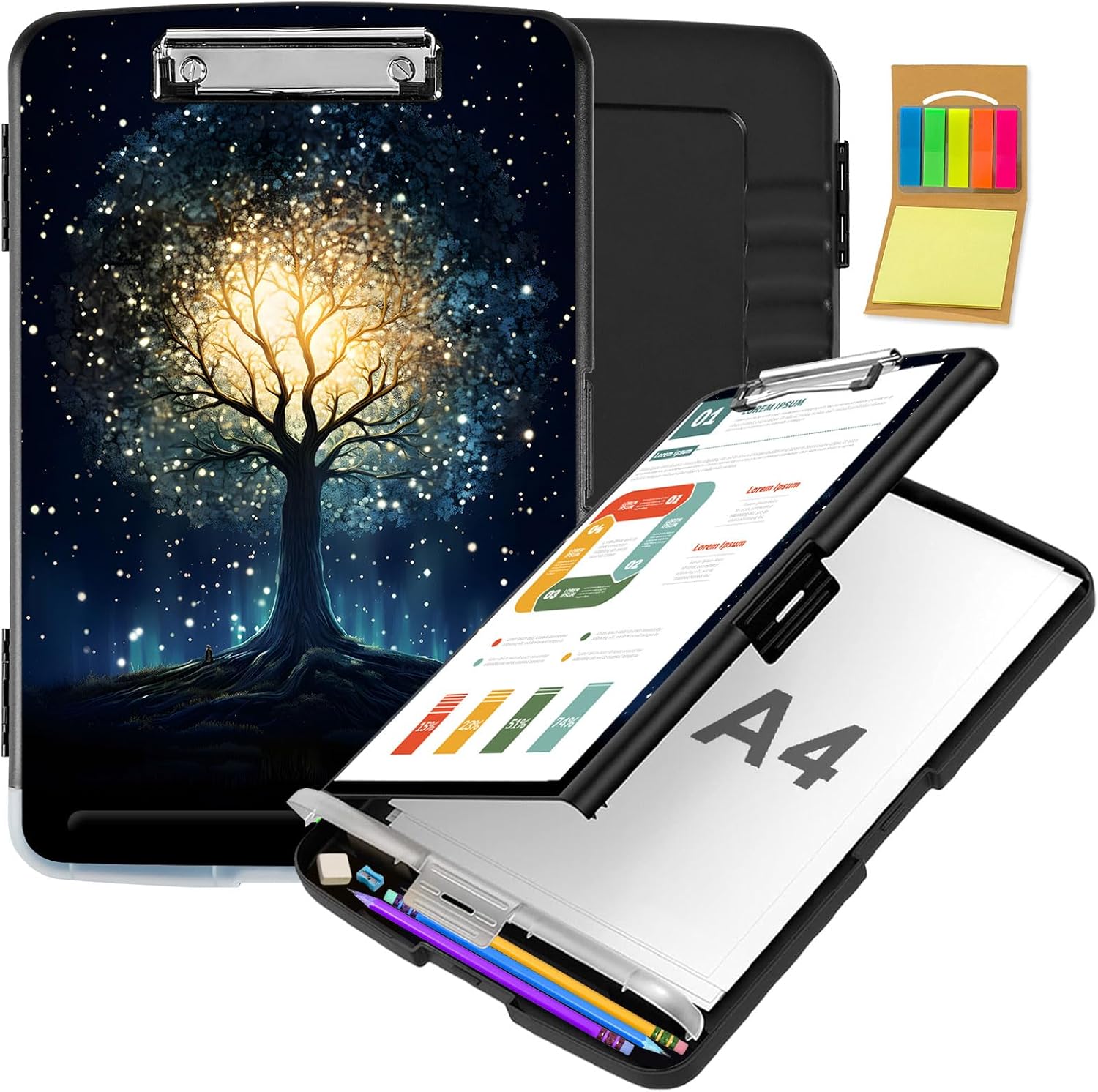 Clipboard with Storage,Office Supplies Nursing Clipboards Folder with Pen Holder Plastic Storage ClipBoard Foldable for Teacher Nurse,Galaxy Tree