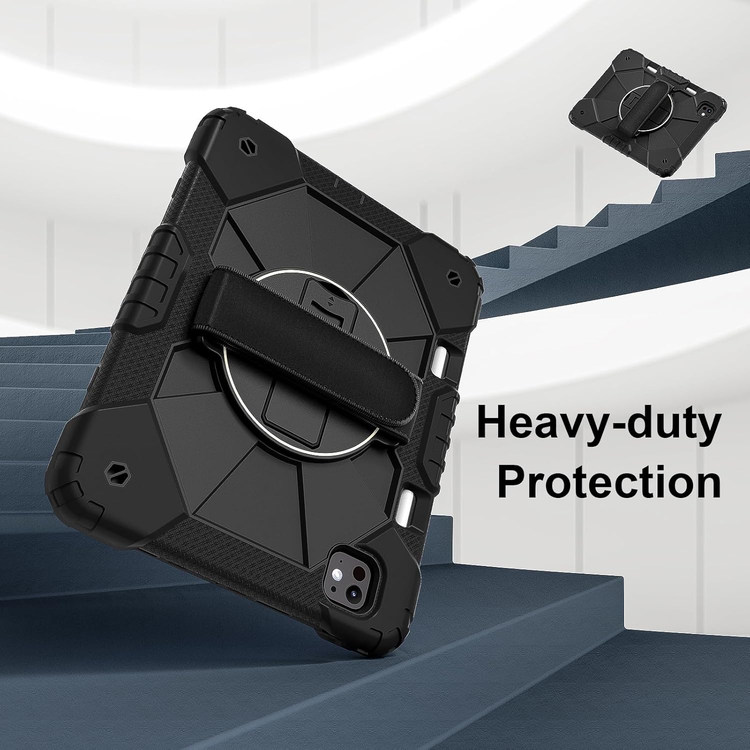 Heavy Duty Shockproof Kids Case for iPad Pro 11 Inch 2024 M4 (5th Generation),3 Layer Protective Case W 360 ° Rotating Handle Stand + Shoulder Strap,Black
