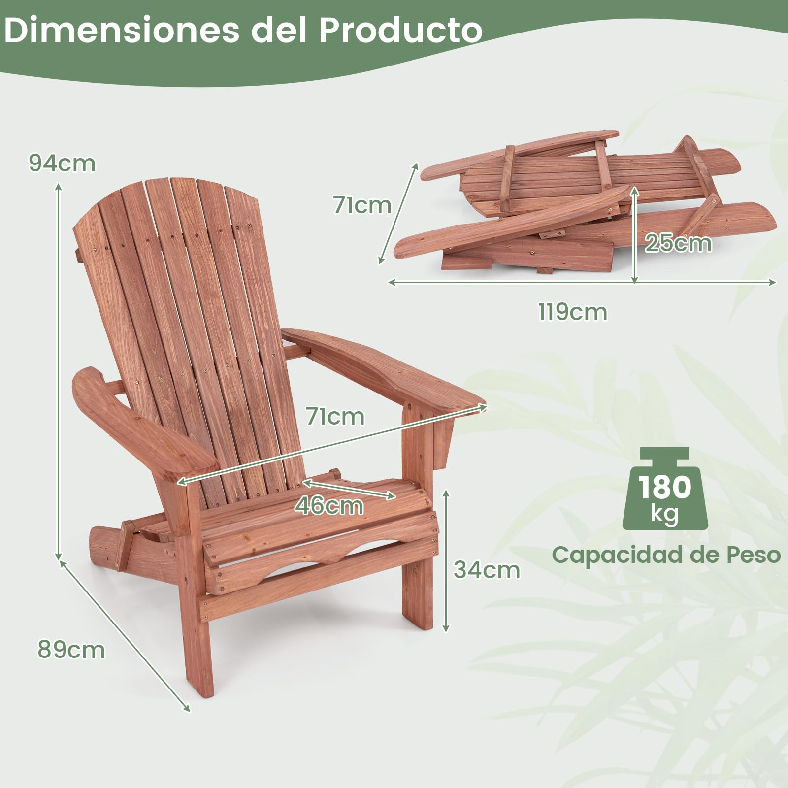 GIANTEX Juego de 1/2 Sillas Adirondack Plegables, Tumbona de Exterior con Estructura de Madera de Abeto, Respaldo Alto y Reposabrazos, Carga hasta 180 kg, Sillas para Patio, Jardín (1, Natural)
