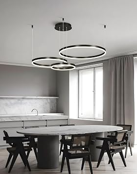 Metal LED Chandelier | 3 Circles 20+40+60cm | 45W Rings Ceiling Hanging Lamp, Dimmable Remote Control 3000-6000K, Acrylic Shade Pendant Light, Living Room Bedroom Foyer Dining Room Kitchen【Black】