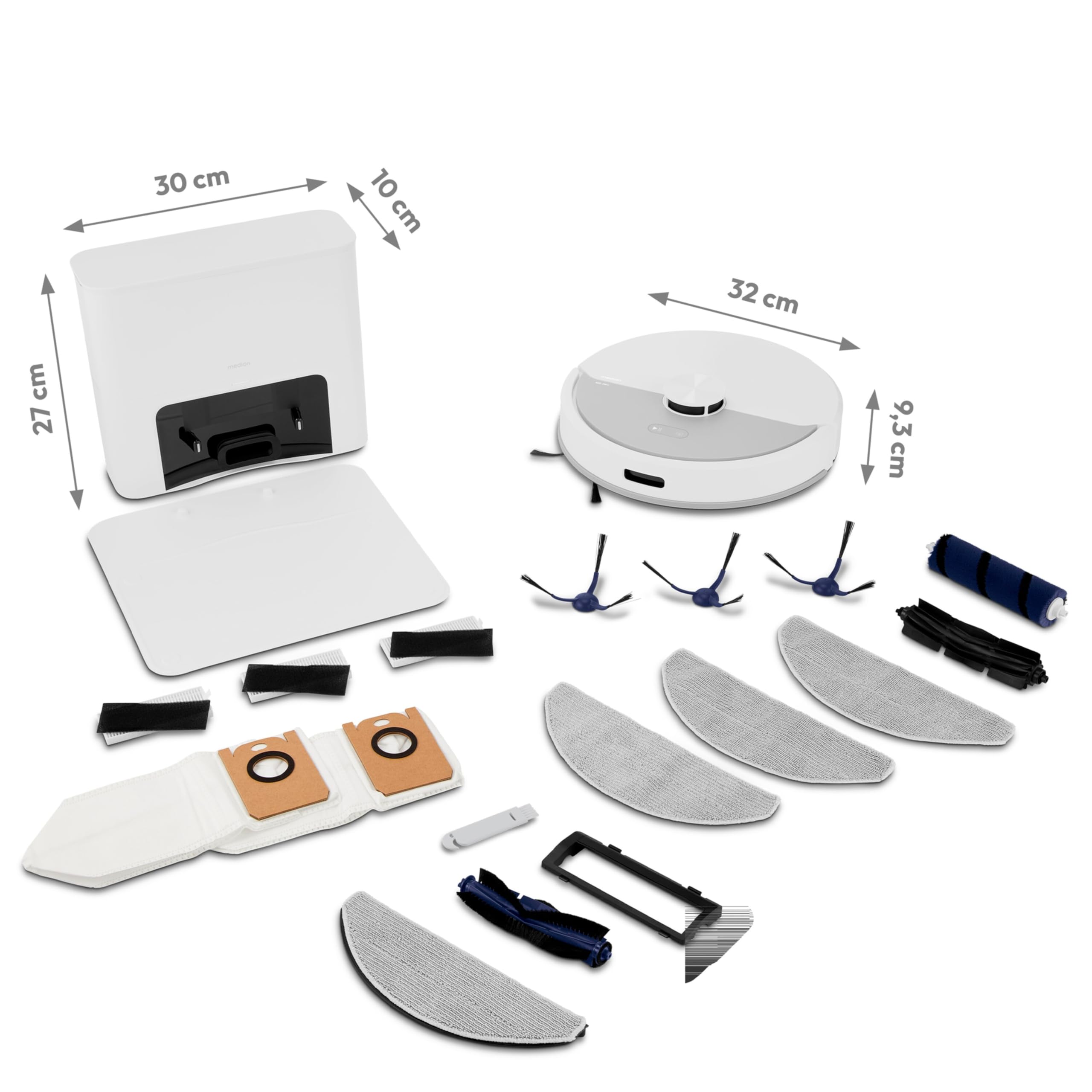 MEDION Saugroboter mit Absaugstation und Wischfunktion X23 SW+ (Lasernavigation, Starke 5000Pa Saugkraft, 2in1 Roboterstaubsauger, präzise Kartenerstellung, Go & No Go Bereiche, mehrere Etagen) weiß