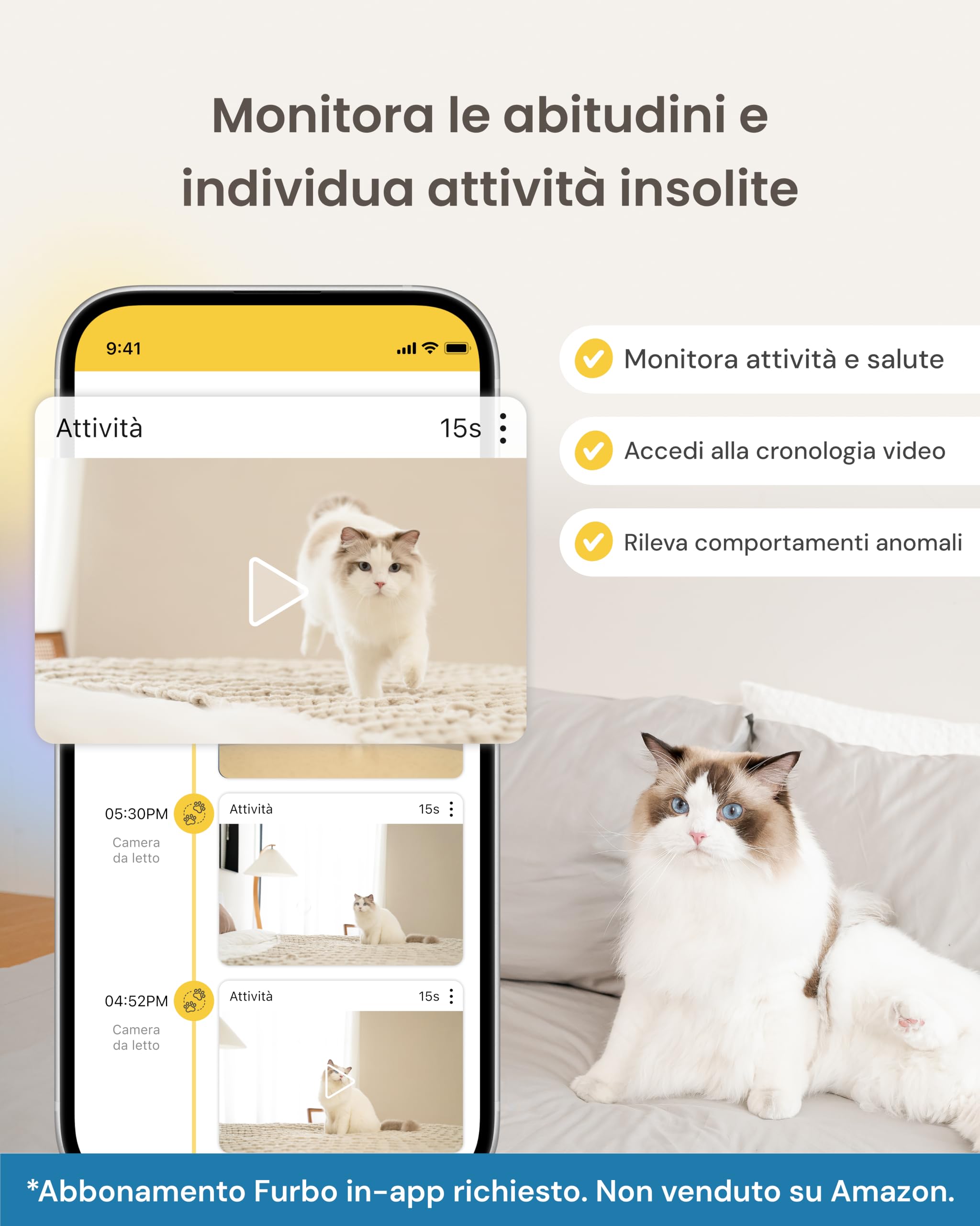 Furbo Videocamera 360° per Gatti con Pacchetto Sicurezza Casa [PREMIUM CON ABBONAMENTO RICHIESTO] Con App, Vista Rotante a 360°, Visione Notturna a Colori, Tracciamento Automatico, Lancio Croccantini