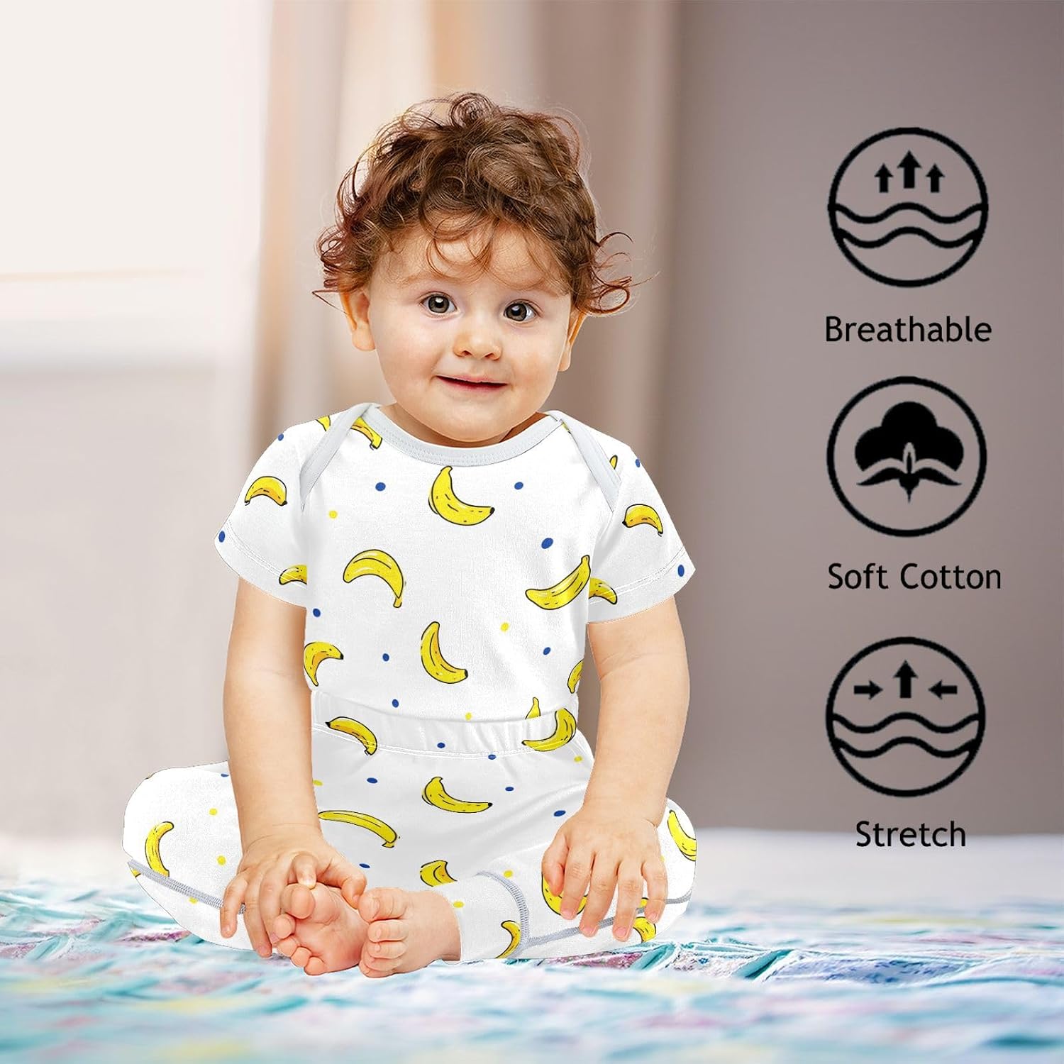 vvfelixl Baby Clothes Bananas Blue Dots Baby Bodysuits Set Unisex Short Sleeve Babys Pants Sets 0-3M