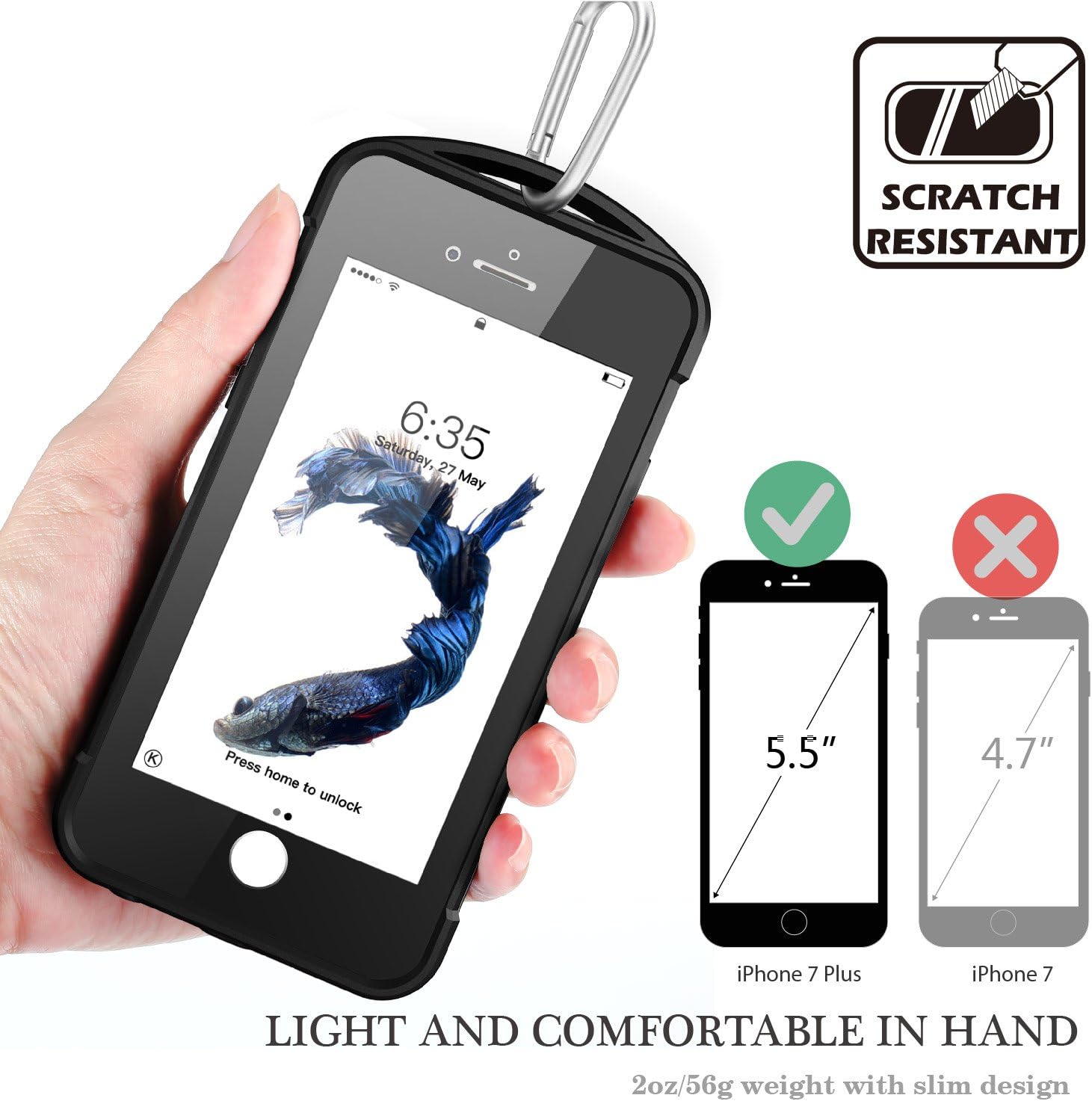 iPhone 7 Plus / 8 Plus Waterproof Case, Temdan Supreme Series Waterproof Case with Carabiner Built in Screen Protector Outdoor Rugged Shockproof Case for iPhone 7 Plus and iPhone 8 Plus(5.5 inch)