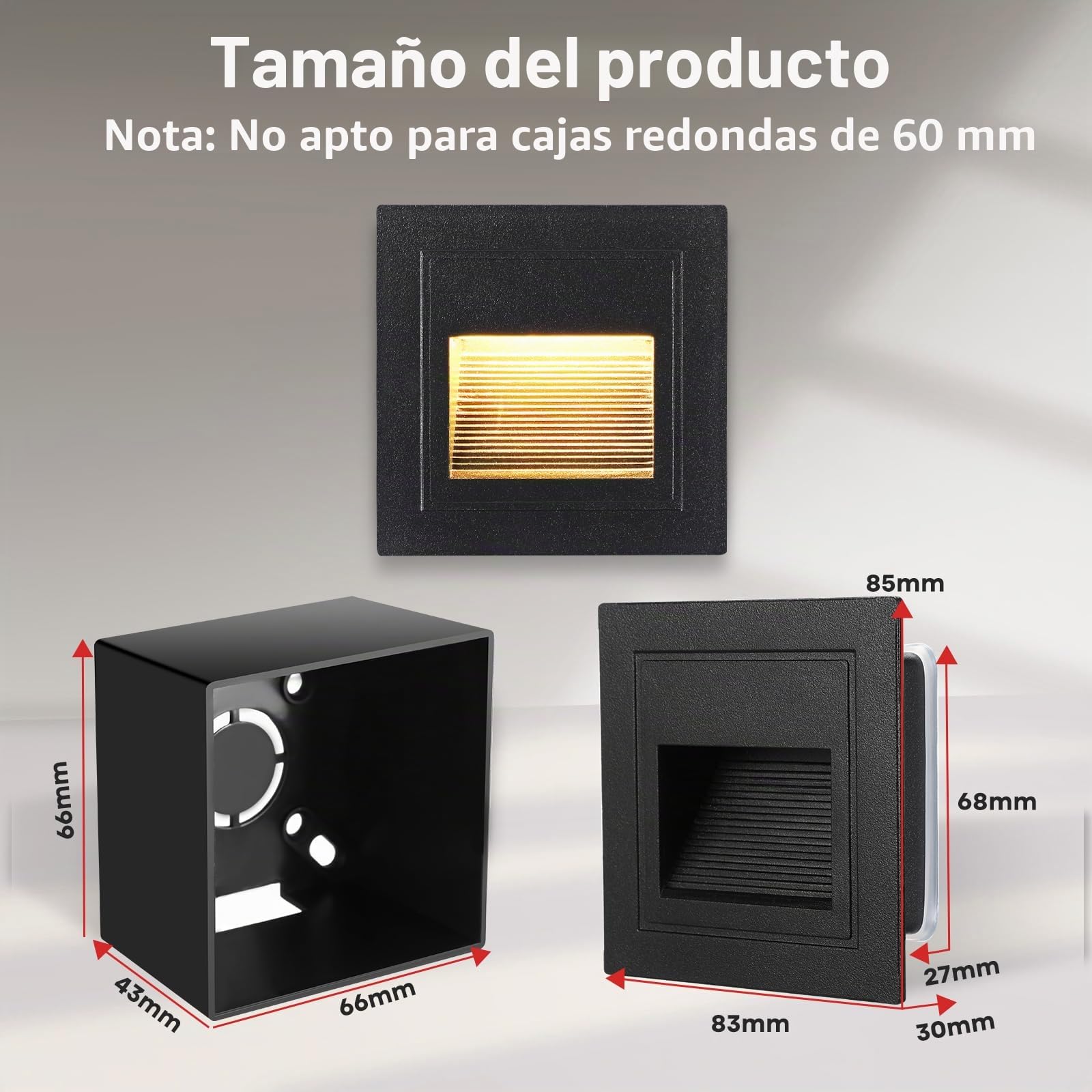 VivaLet 6 Piezas Iluminacion Escalera Led 3w 300lm, Iluminación de Pared 230v 3000k, Iluminación de Escalera Ip65, Caja de Montaje Empotrada 68mm, 85 X 85mm, Apliques de Pared de Led Escaleras