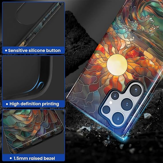 Case for Samsung Galaxy S24 Ultra, 2 in 1 PC Hard Shell & Silicone Inner Bumper, AntiScratch Fullbody Cover Shockproof Slim Design Stained Glass Sun Waves