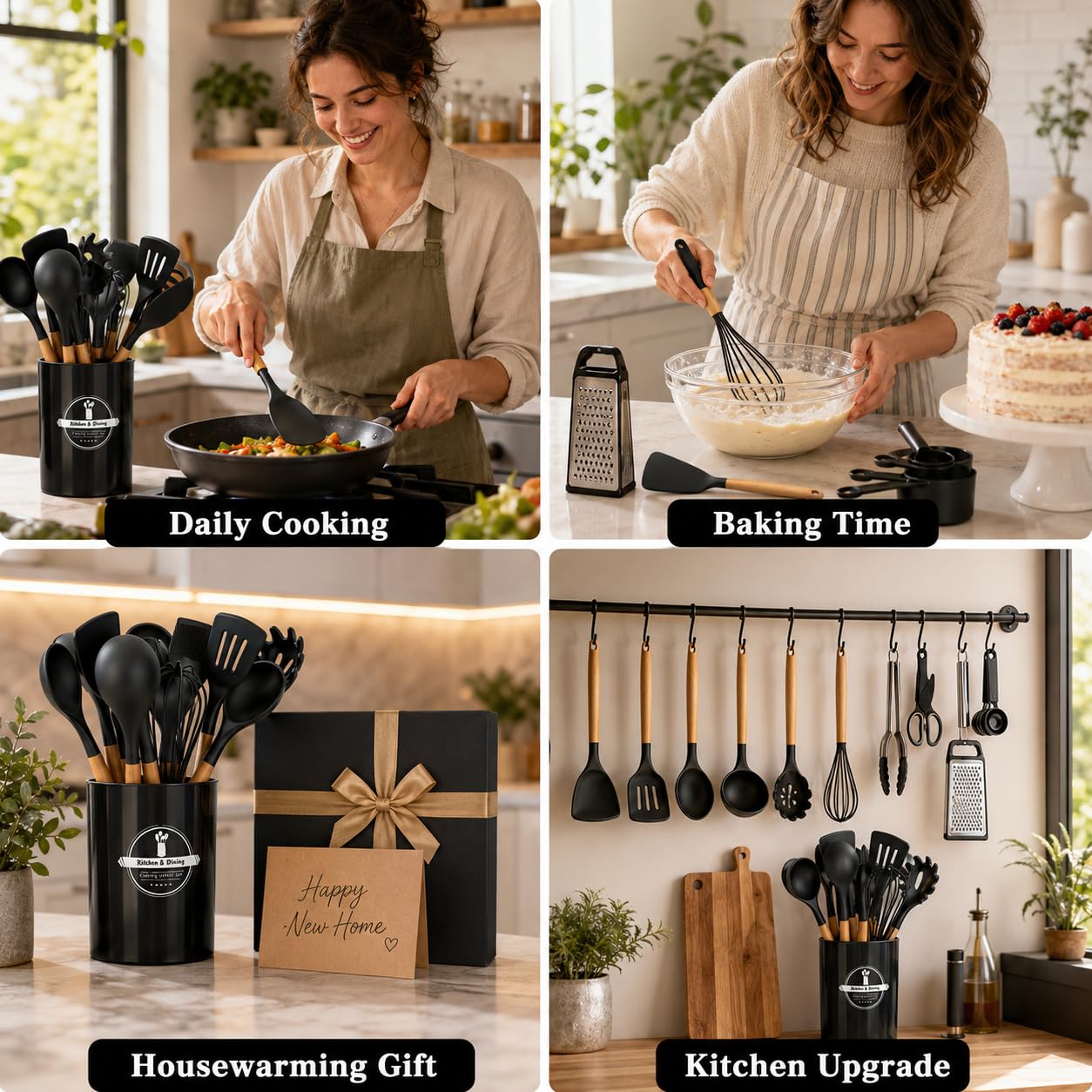 32/44 Küchenhelfer-Set aus lebensmittelechtem Silikon mit Halter, Koch- und Backutensilien, Messbechern und Löffeln, hitzebeständig bis 220 °C, spülmaschinenfest, antihaftbeschichtet