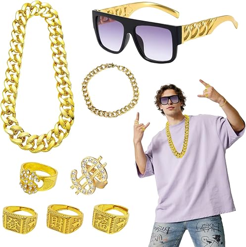 GYIOFAI 8 Piezas Disfraz de Hop Hip, Accesorios de Hip-hop, Disfraz Rapero, Hip Hop Rock Accesorios, Disfraz de Rapero 80s 90s, Punk, Cadena Dorada, Juego de Anillos, Gafas de Sol (Oro)