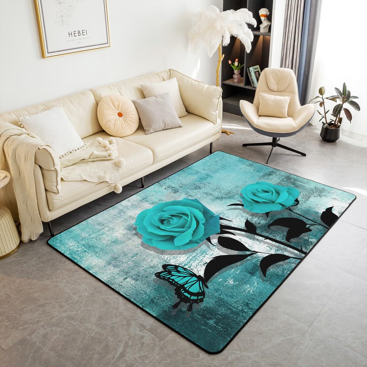 Teal Blue Area Rugs for Bedside, Turquoise Ombre Rose Bedroom Rugs for Kids Boys Girls Adult, Grunge Watercolor Non Slip Carpet, Vintage Contemporary Art Decorative Accent Rug Home Decorative, 4x5