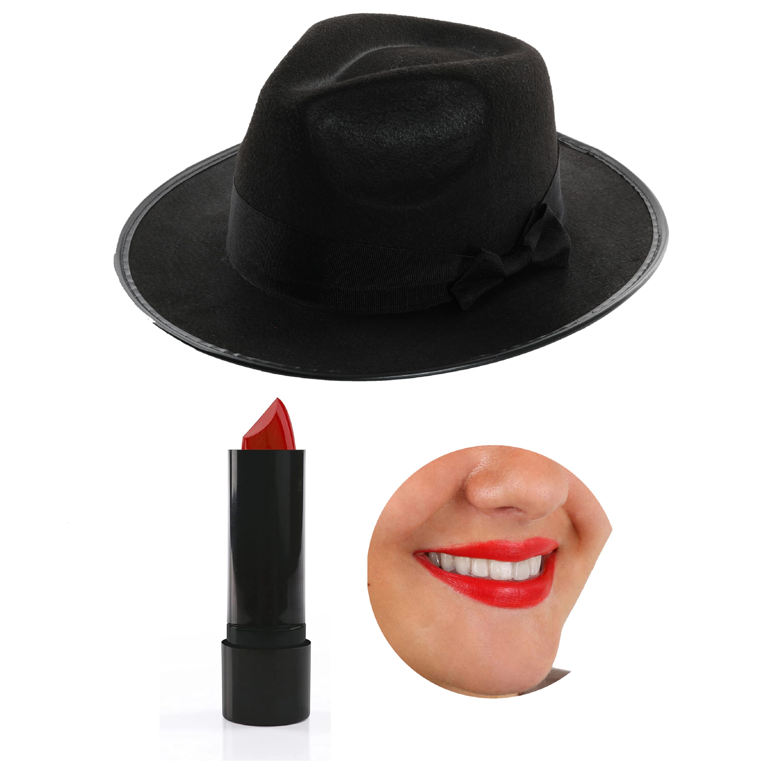 Adults Fedora and Lipstick Accessory Set - 60m Black Fedora Hat and Red Lipstick - Ladies Musician Concert Fancy Dress Costume Accessory Set