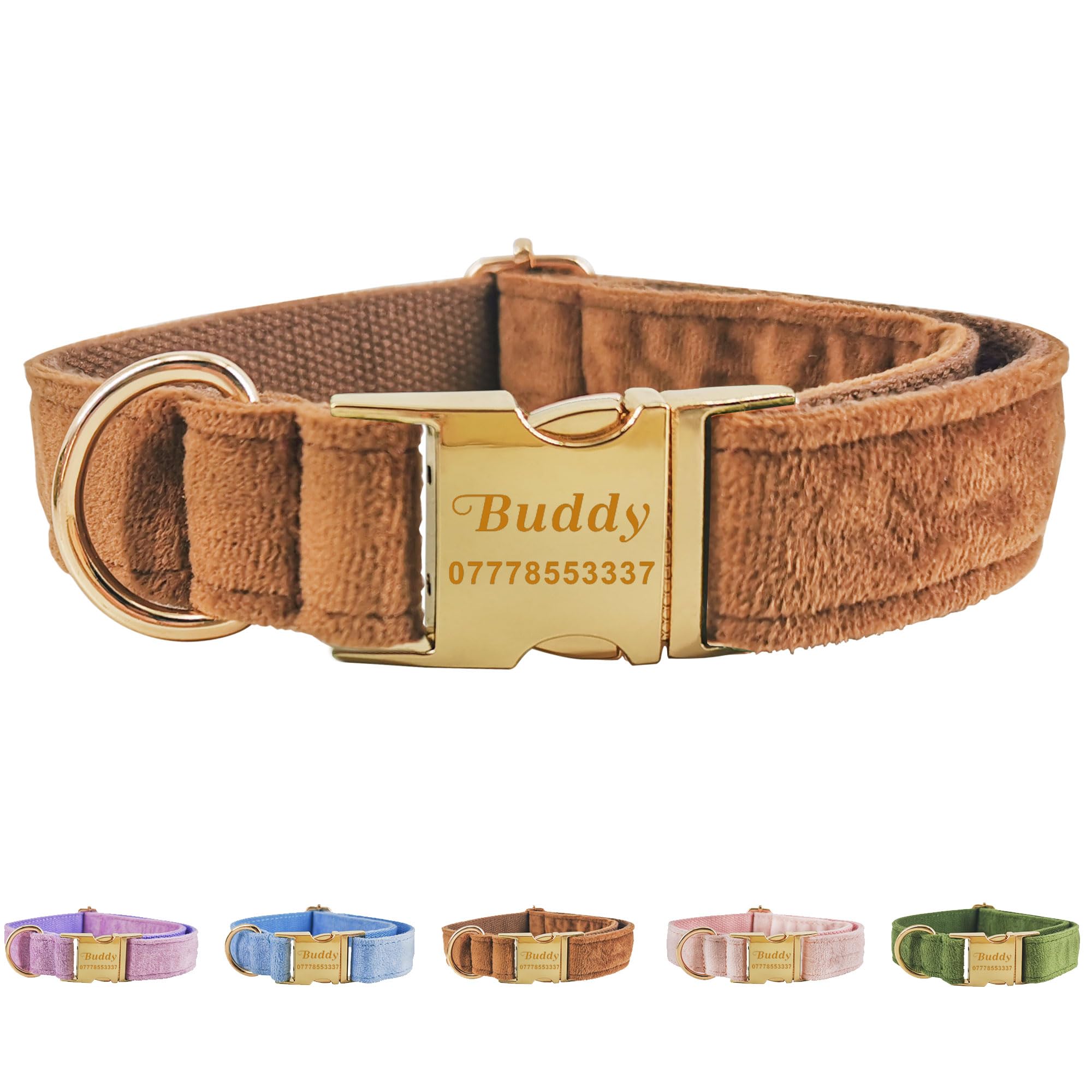 Personalised Dog Collar Custom Adjustable Velvet Dog Collars Engraved Puppy Pet Collars for Small Medium Large Dogs Cats Puppy Pet Furry Friend (Brown, S)