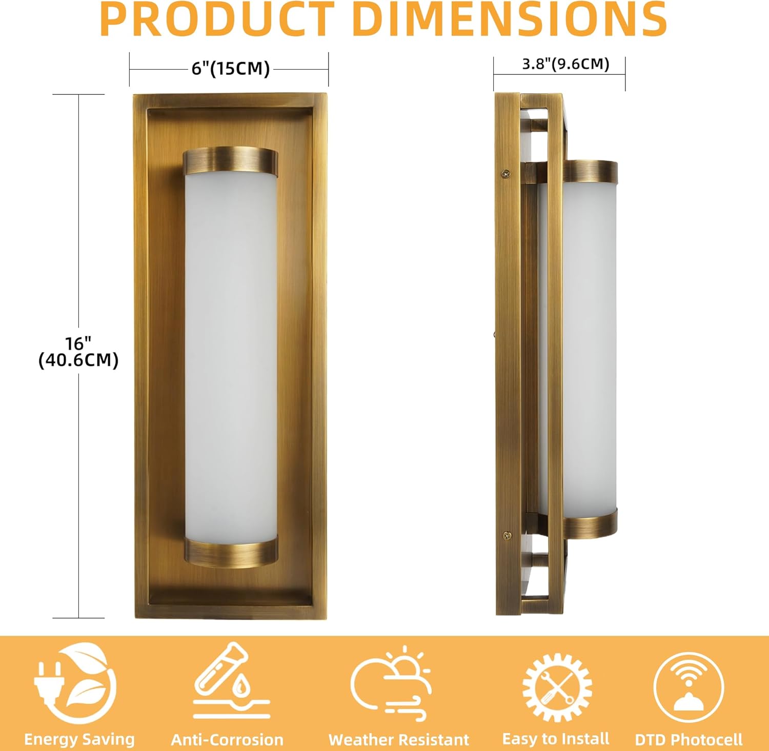 Hyunbae Dusk to Dawn Outdoor Sconce Lights, Modern Outdoor Wall Sconces with Photocell Sensor, 15W Dimmable LED Porch Light, Brass Exterior Sconce for House Garage Patio Entryway Doorway, 3000K