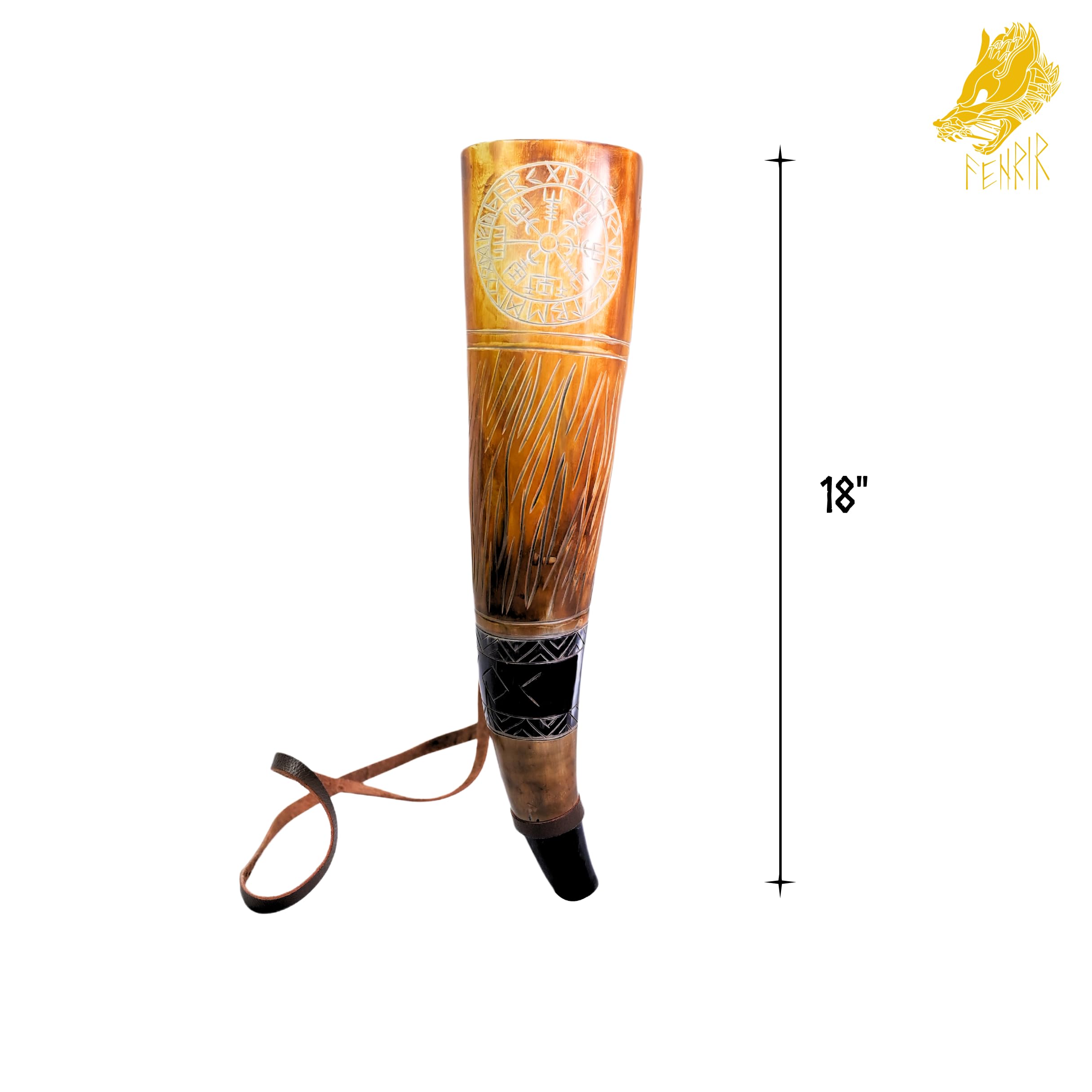 FENRIR Wikinger-Kriegshorn, 45,7 cm, echtes Ochsen-Blashorn, Schlachttrompete mit Lederband, Jarl & Kompass Finish, FNR_27